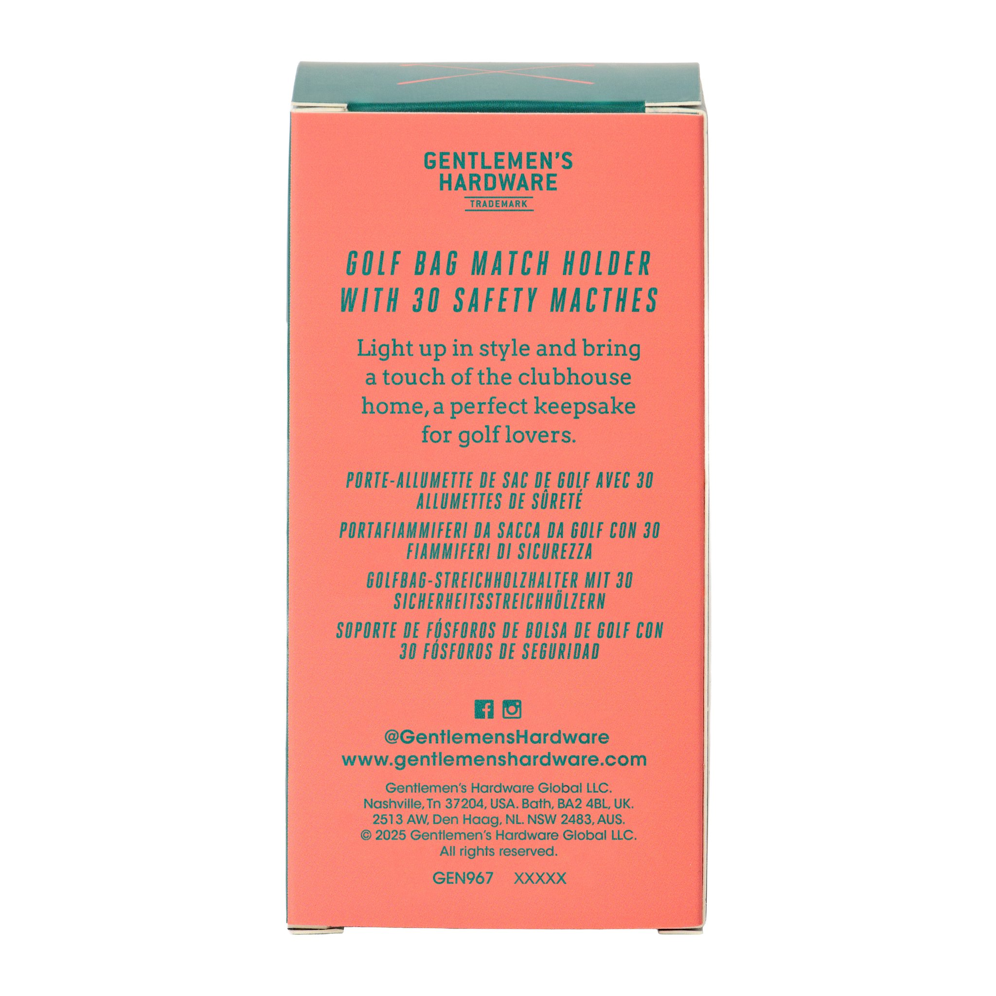 Coral back of the golf bag match holder box, with product text printed in several languages