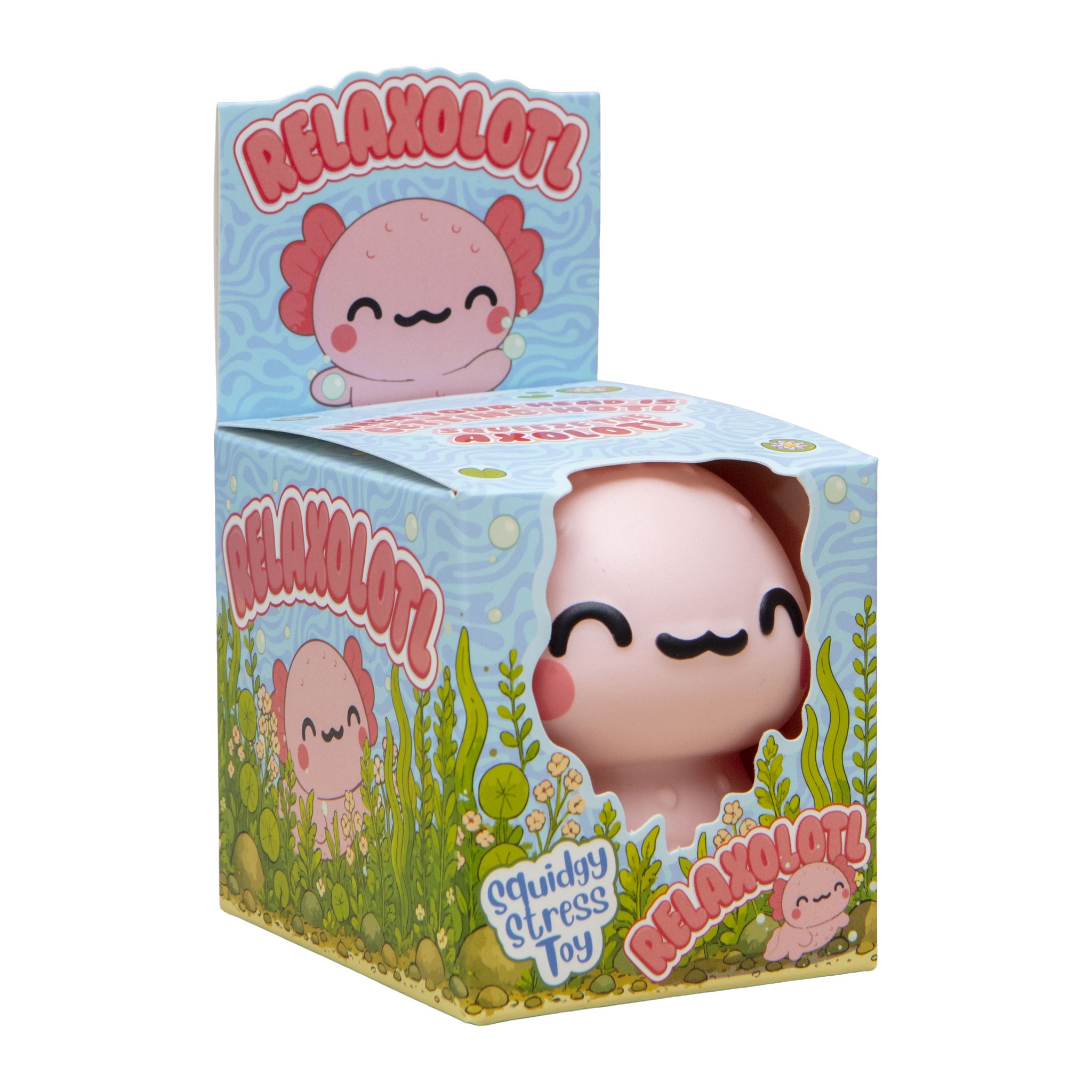 Verpackung des Relaxolotl Axolotl Squishy: bunte Box mit Sichtfenster und Wasserpflanzen-Motiv