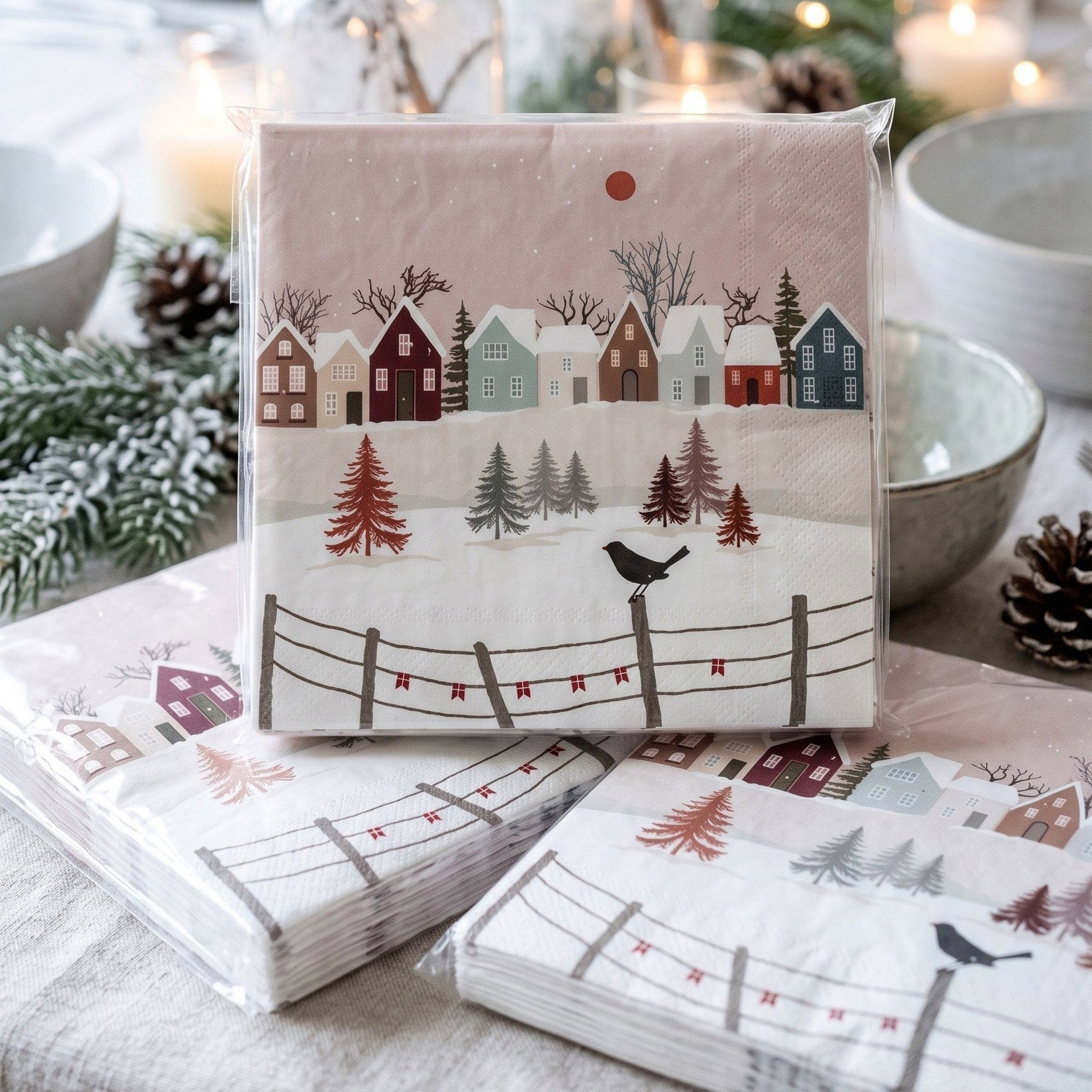 Packung Weihnachtsservietten mit Winterdorf im Folienbeutel auf festlicher Tafel