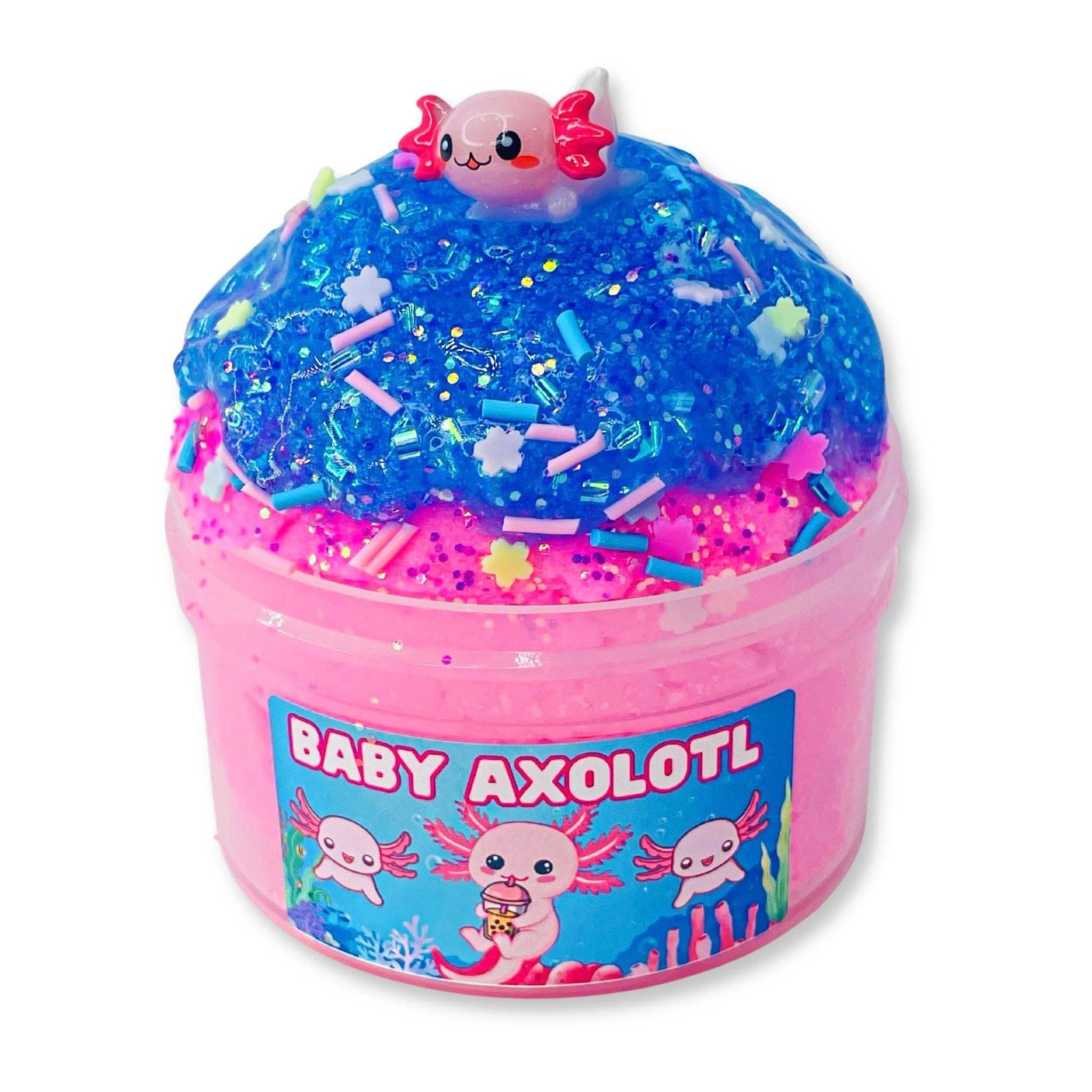 Baby Axolotl Fluff-Slime in Pink mit blauem Jelly-Topper und Axolotl-Charm