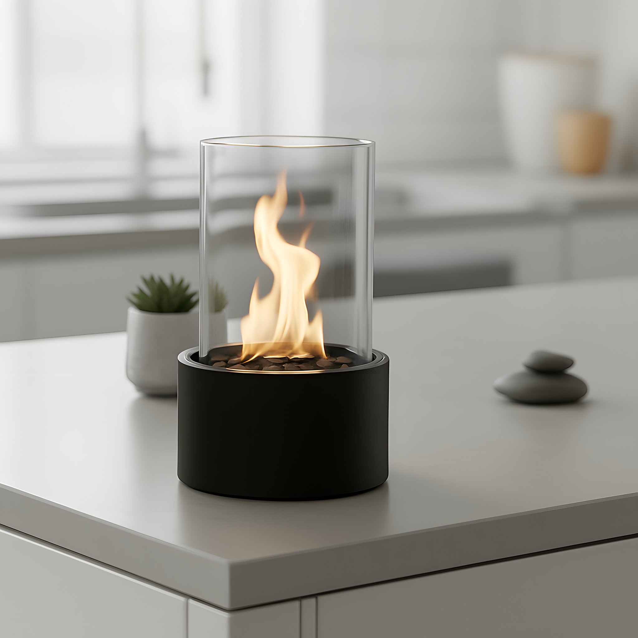 Tischkamin Rund Schwarz mit Flamme und Glaszylinder auf einer Küchenarbeitsplatte