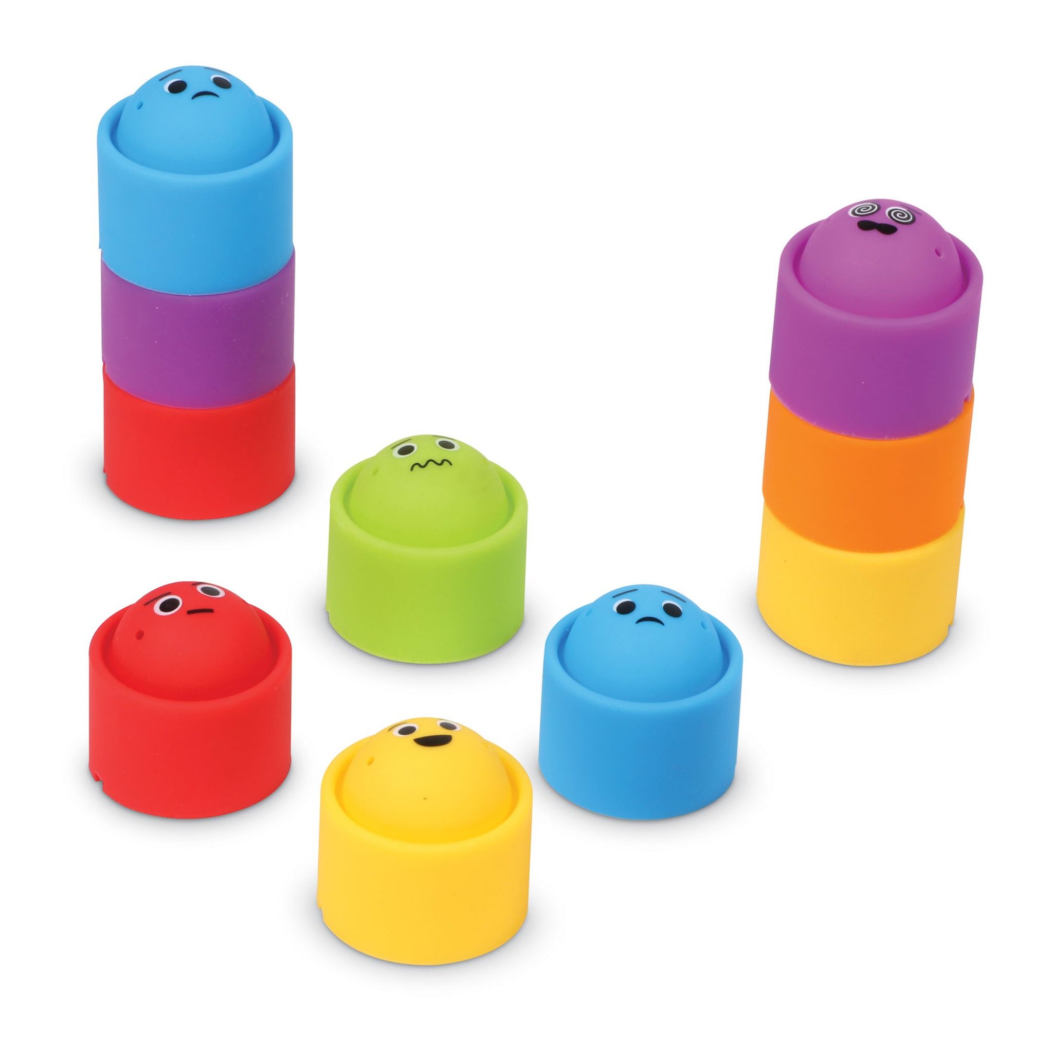 Bunte Rainbow Emotions Fidget Poppers einzeln und zu Türmen gestapelt