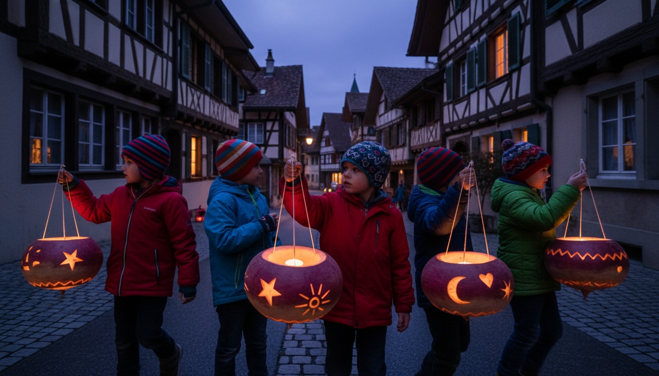 Kinder tragen leuchtende Räbeliechtli an Schnüren durch eine Altstadtgasse