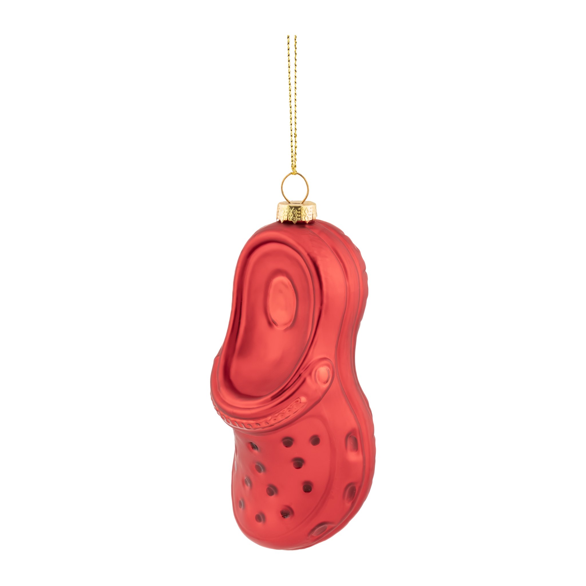 Zoccolo rosso in vetro, decorazione per l'albero appesa a un filo dorato