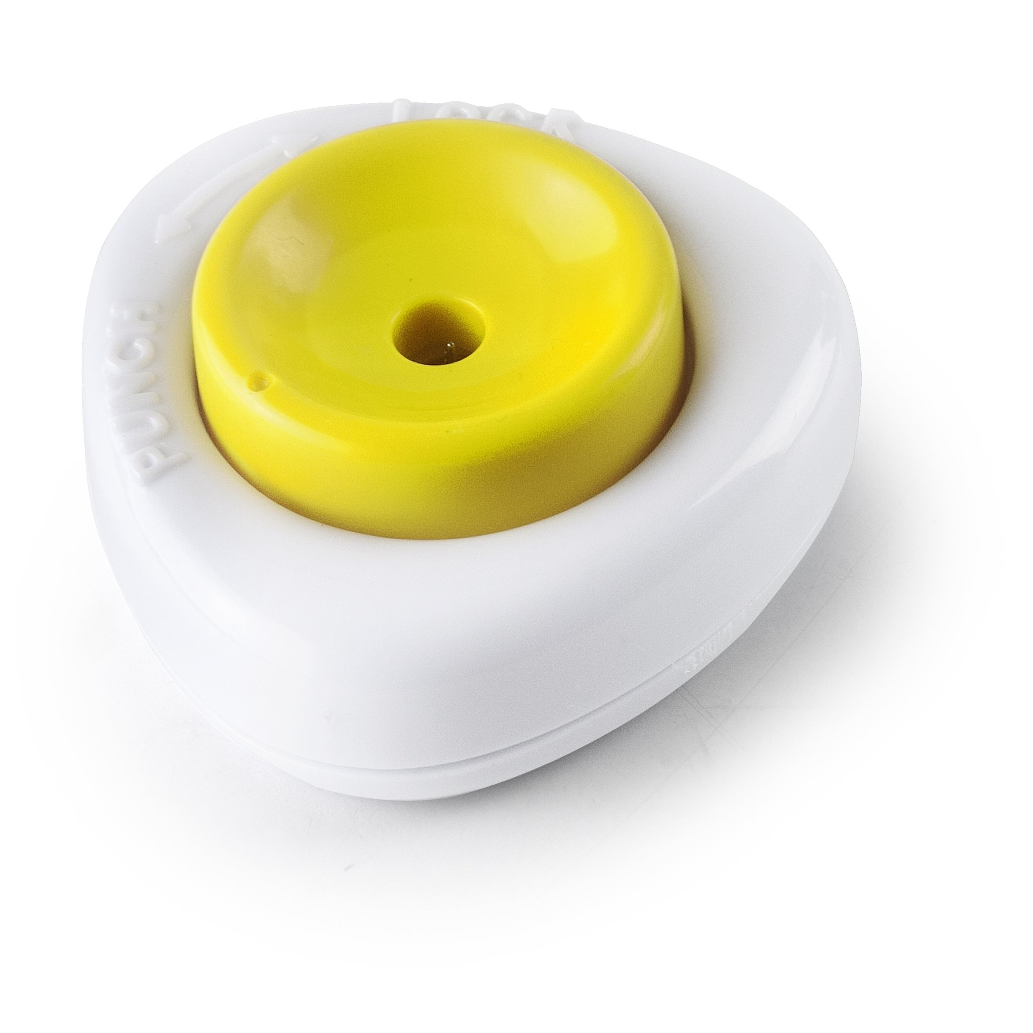 White egg piercer with yellow push button seen from above at an angle