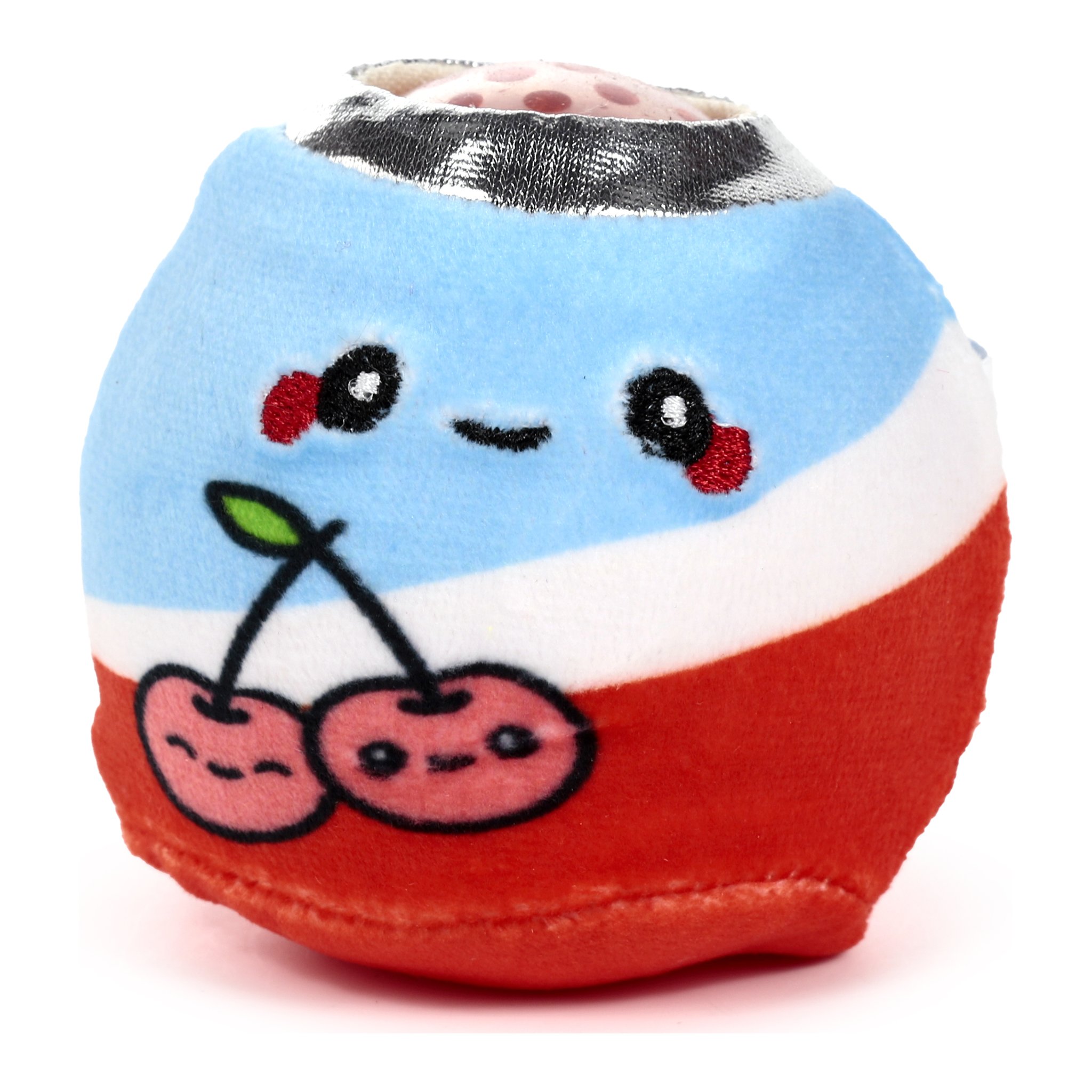 Balle anti-stress boisson cerise en peluche avec ventre a paillettes