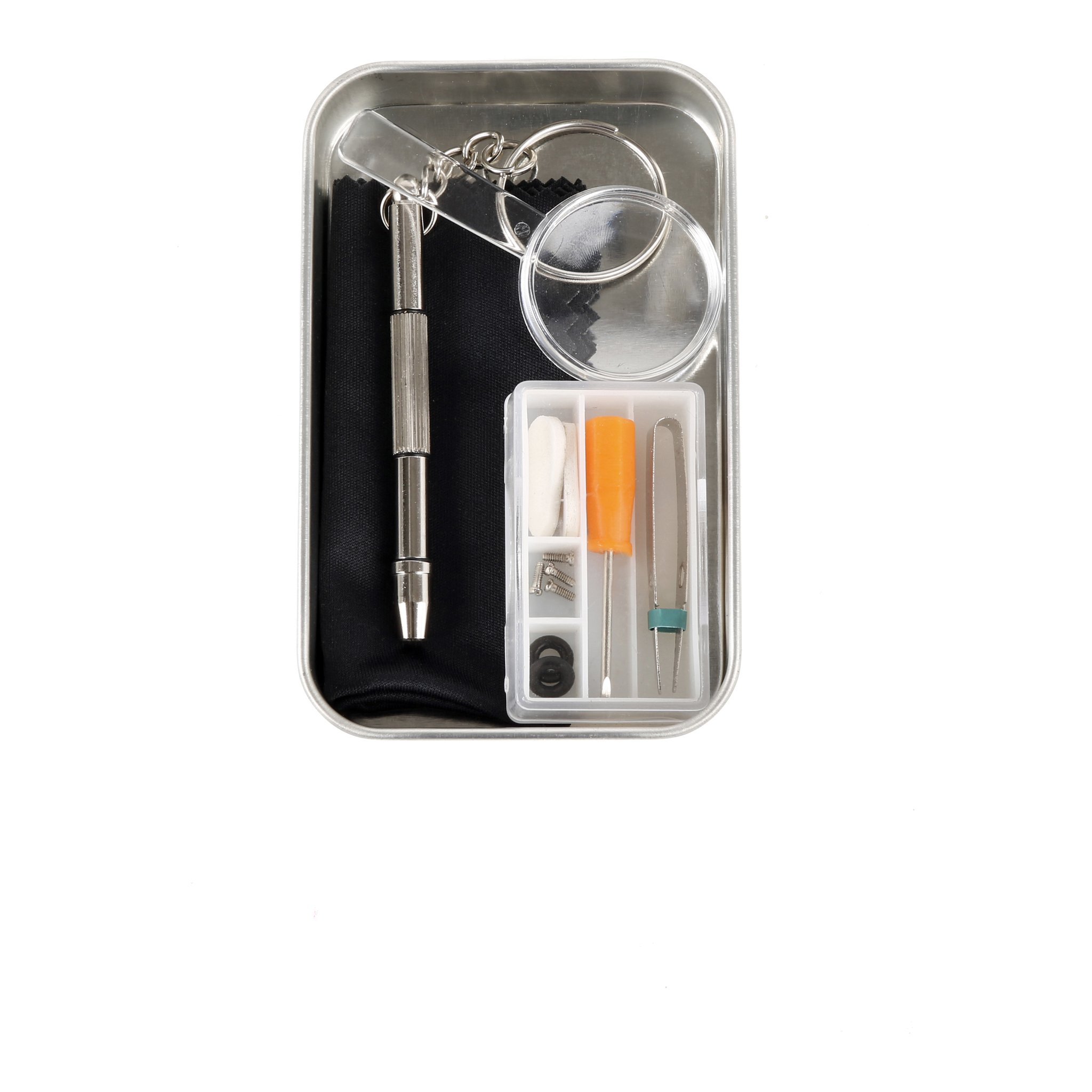 Open tin of the eyeglass repair kit with screwdriver, magnifier and spare parts