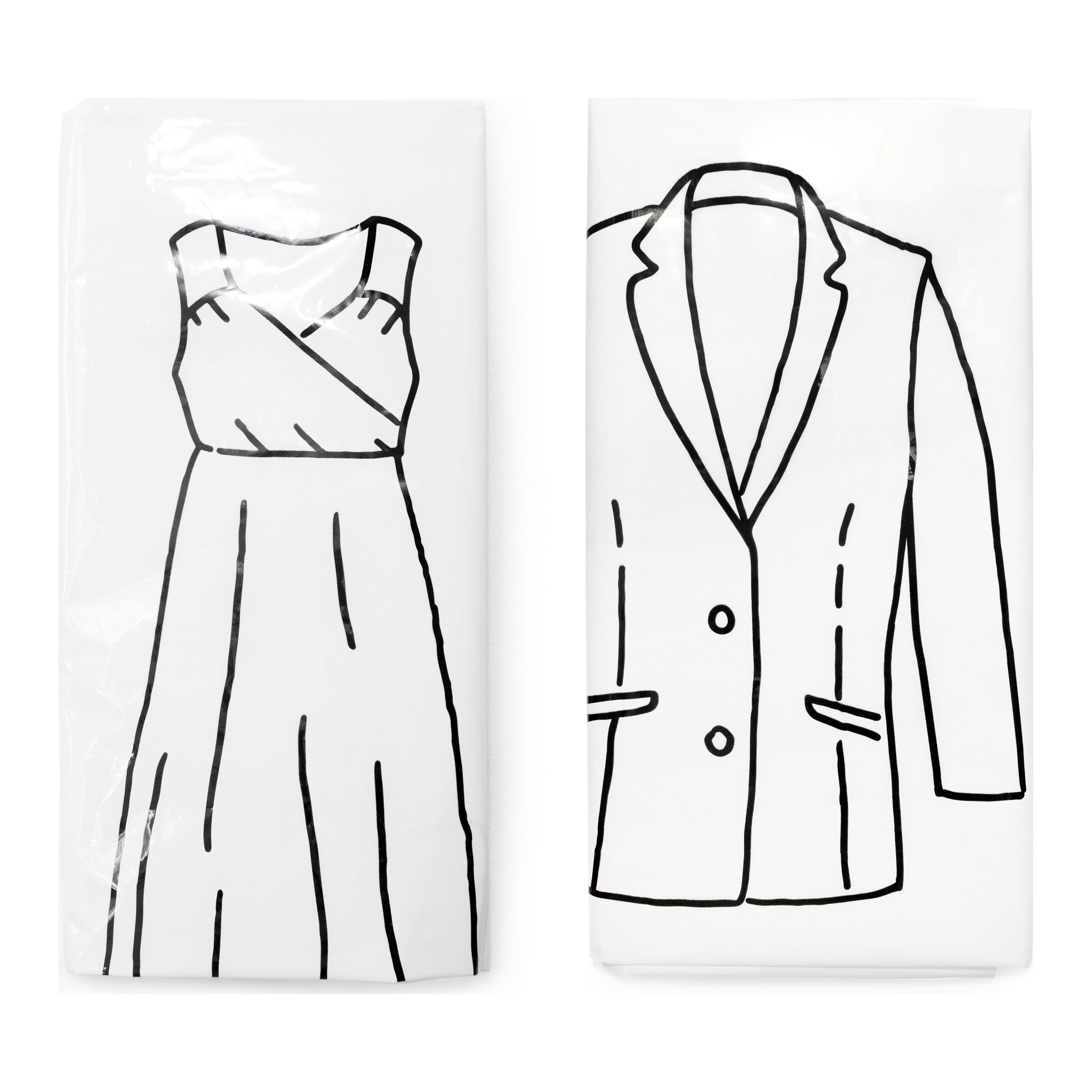 Deux housses à vêtements avec illustrations robe et blazer