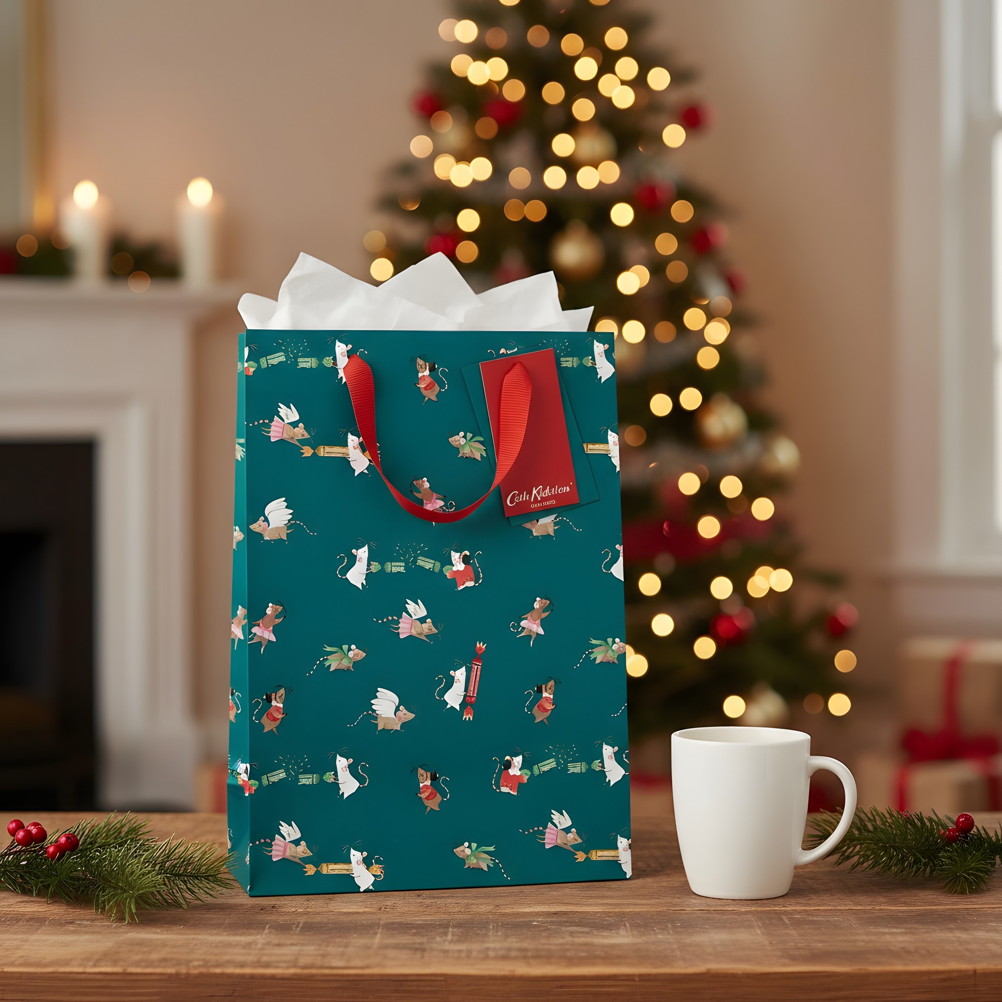 Busta regalo grande Cath Kidston con topolini schiaccianoci di Ohh Deer con carta velina e tazza davanti a un albero di Natale con luci