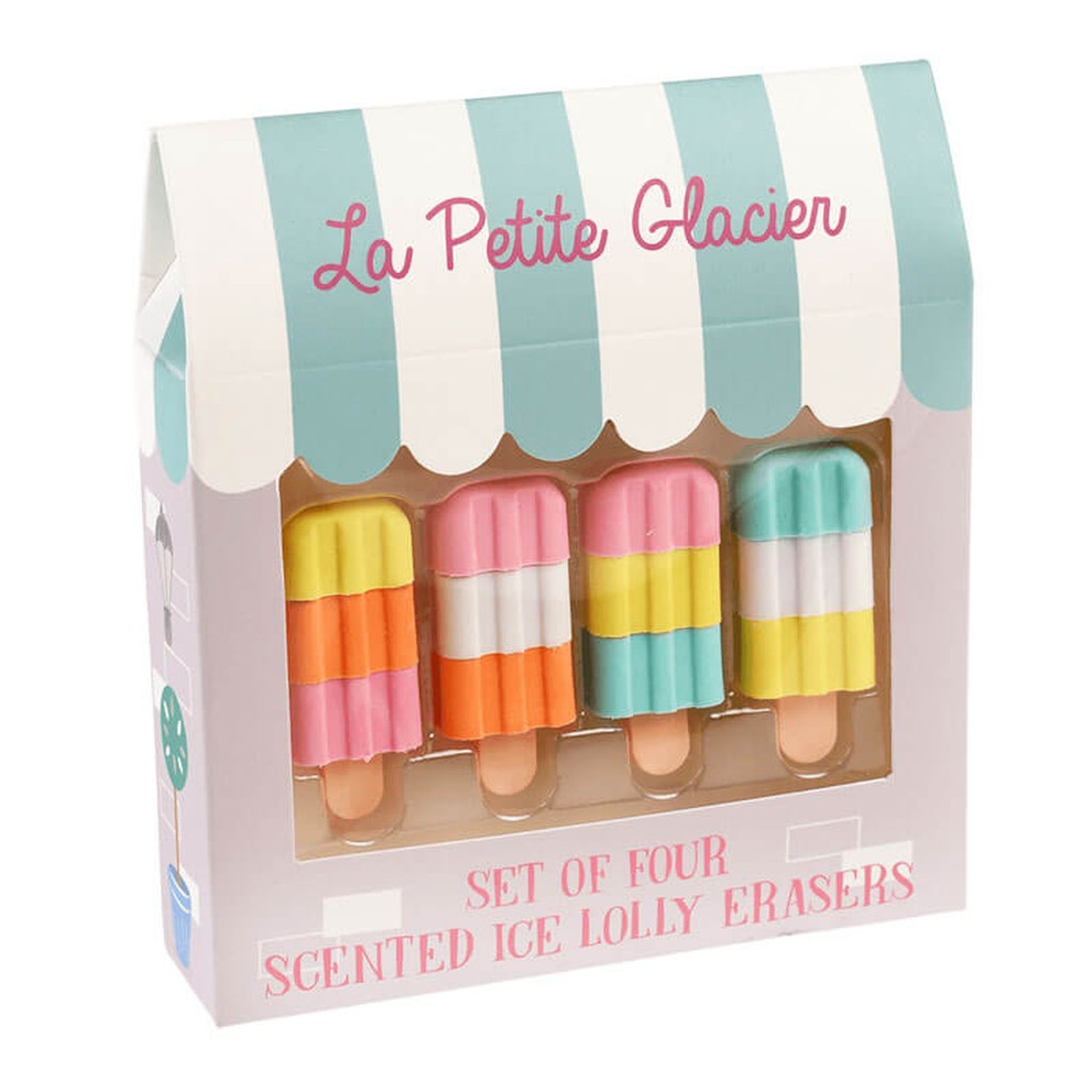 'La Petite Glacier – Set of Four Scented Ice Lolly Erasers' box with window