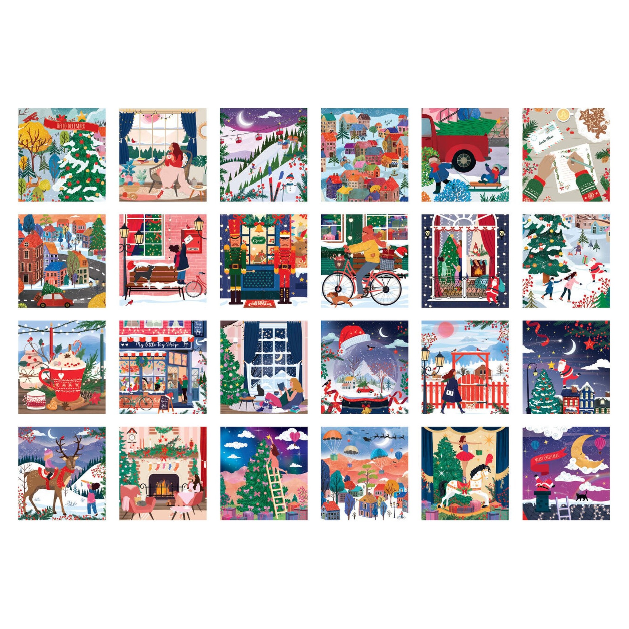 Aperçu des 24 motifs d'hiver et de Noël du calendrier de l'Avent puzzle