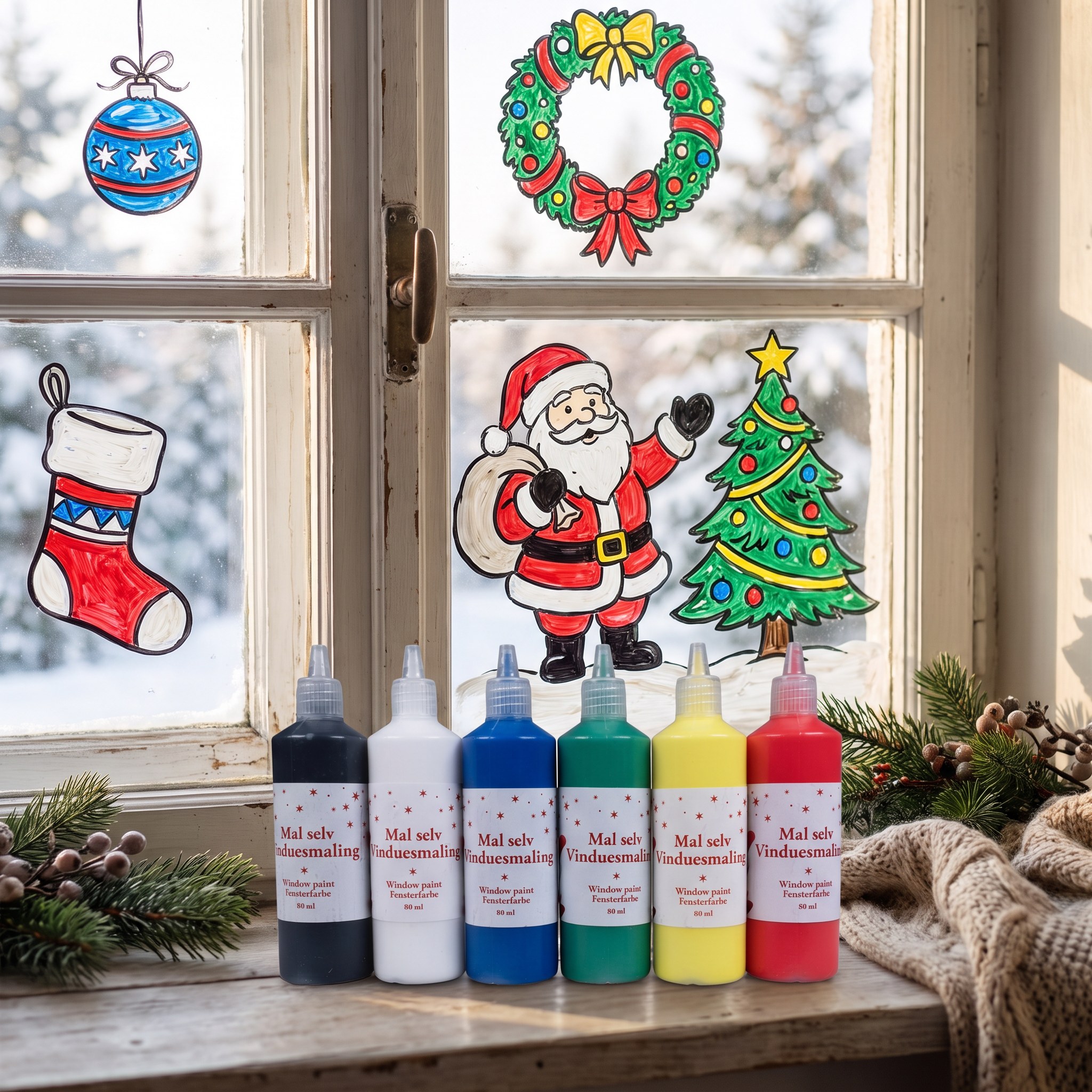 Fensterbilder mit Weihnachtsmann, Kranz und Strumpf, davor die Flaschen des Fensterfarben-Sets