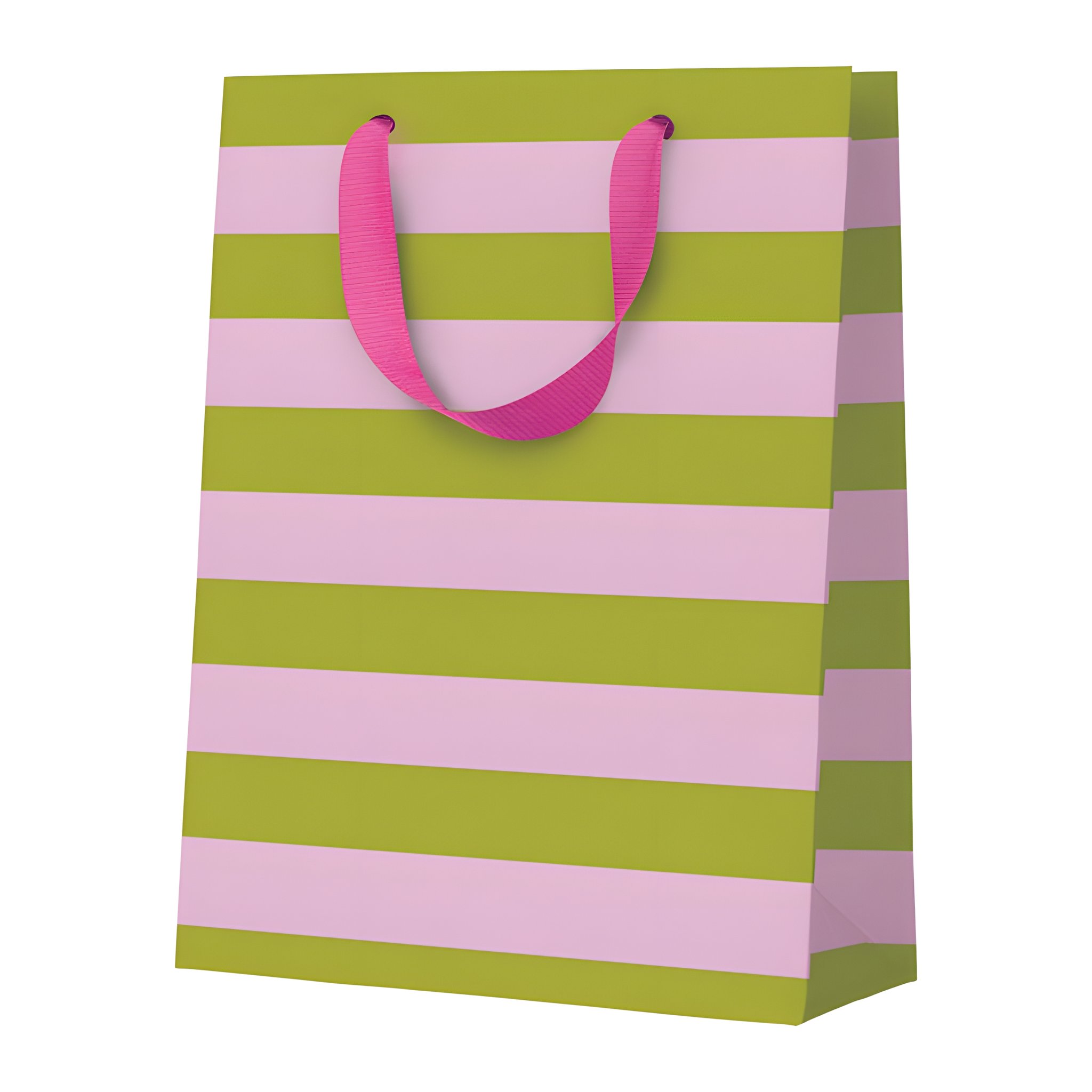 Busta regalo media a righe verdi e rosa di Ohh Deer con manici in nastro su sfondo bianco