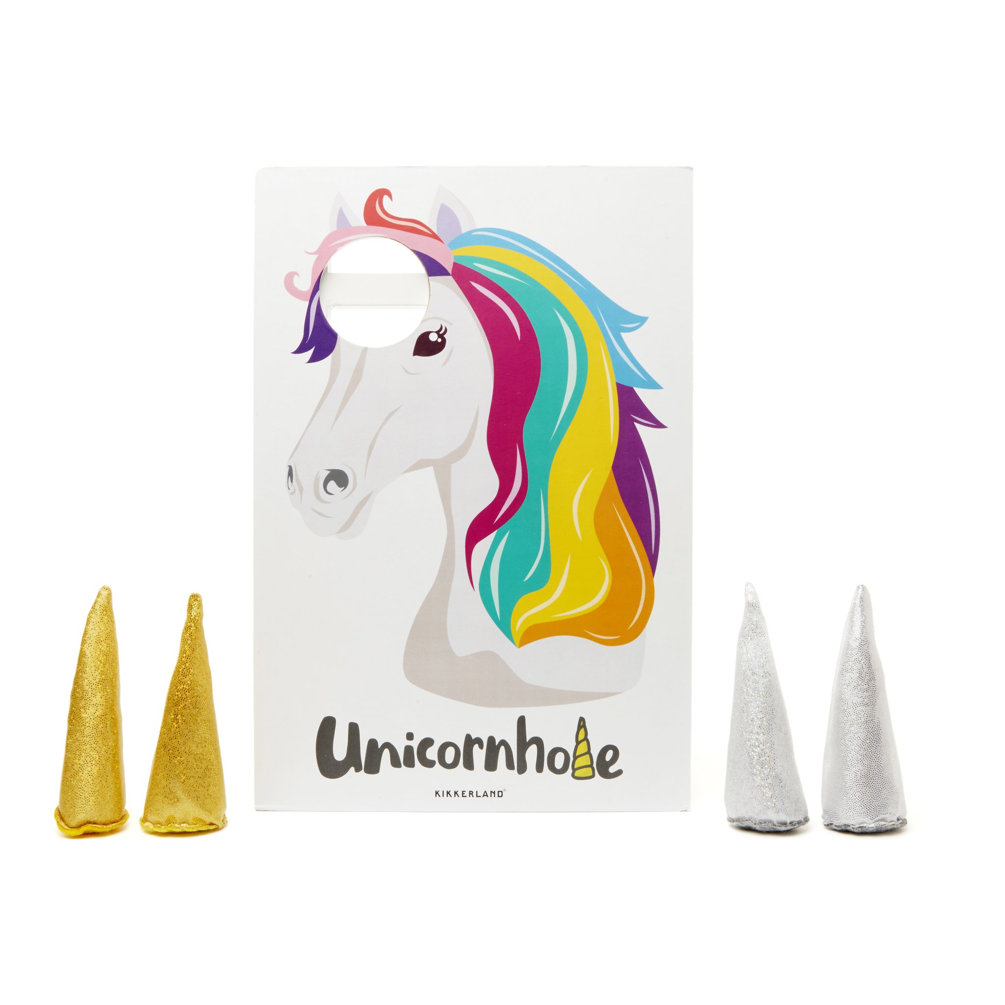 Unicornhole board with unicorn and four glitter horns in gold and silver