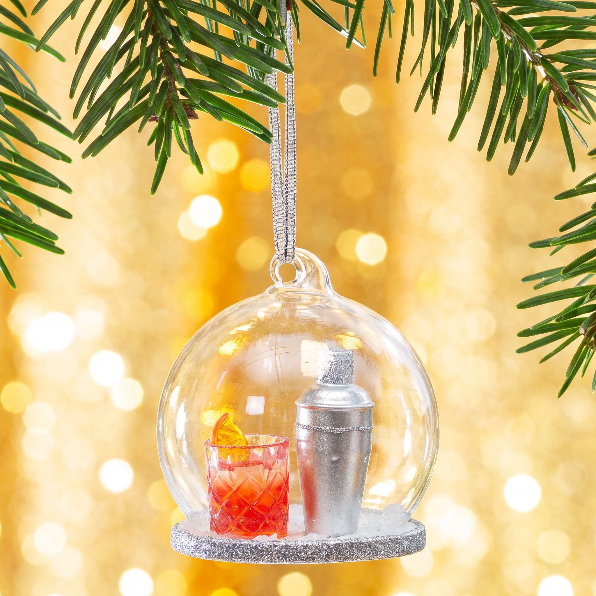 Negroni-Cocktail-Weihnachtskugel von Sass & Belle am Tannenzweig vor goldenem Glitzer