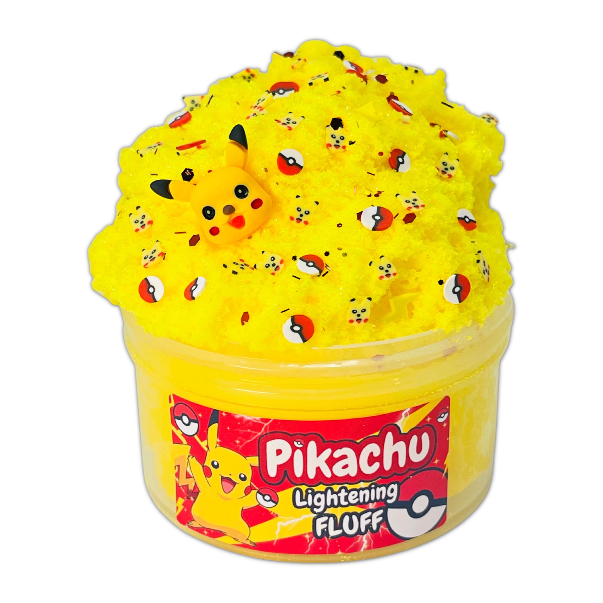 Gelber Cloud-Slime mit Pikachu-Charm und Pokéball-Streuseln in transparenter Dose