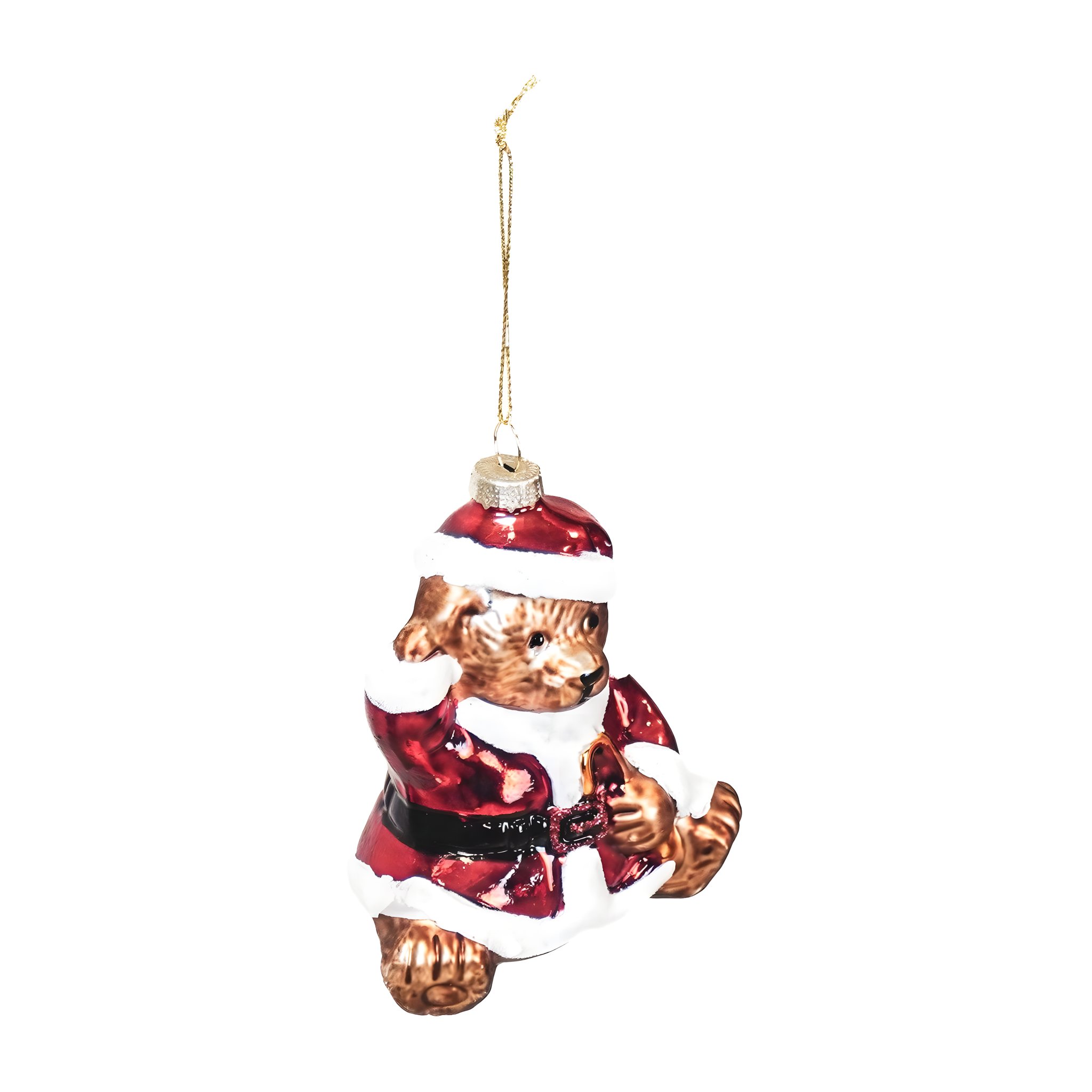 Santa-Bär Anhänger mit Goldschnur in leicht gedrehter Ansicht, freigestellt