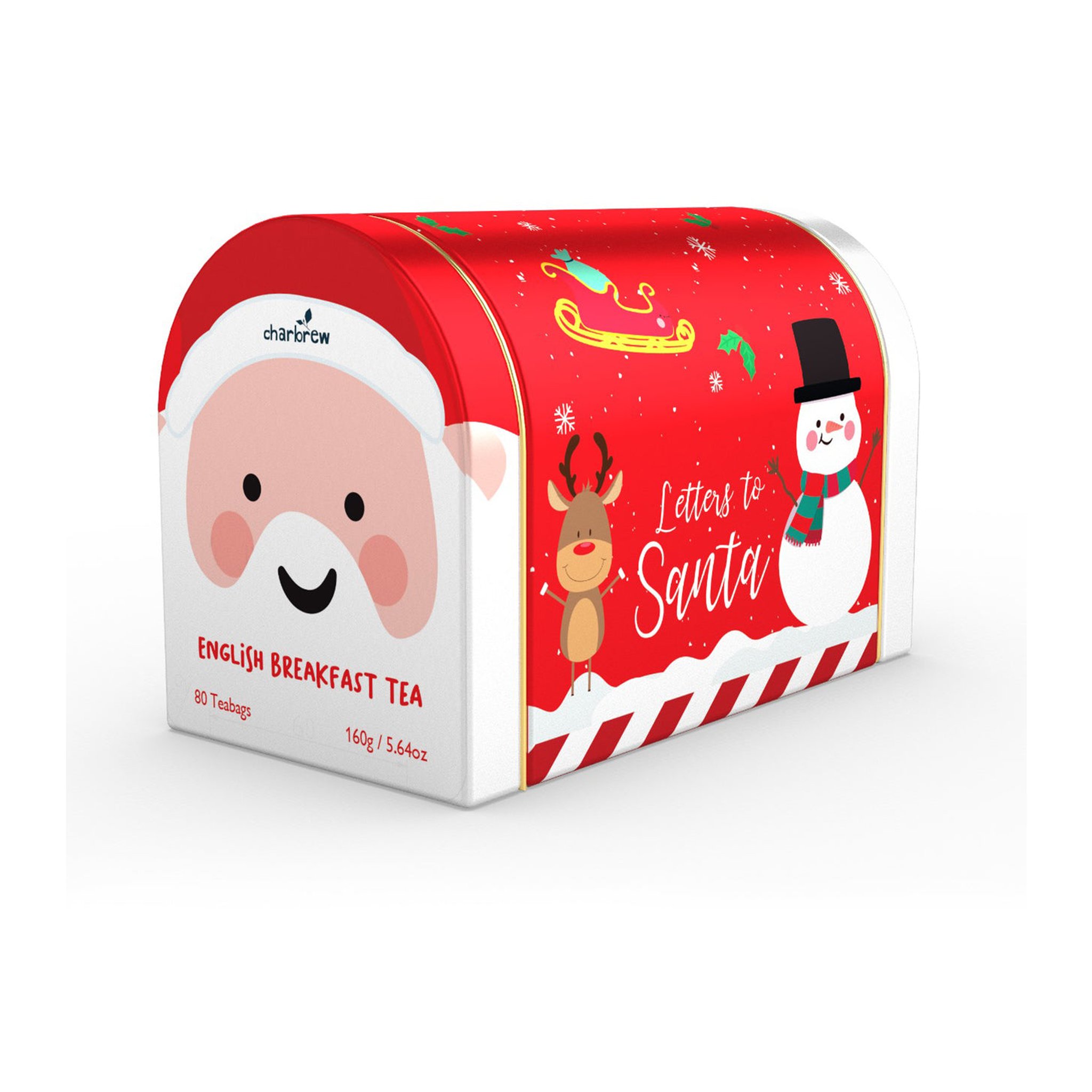 Postbox-shaped tea tin from the other side with snowman and reindeer