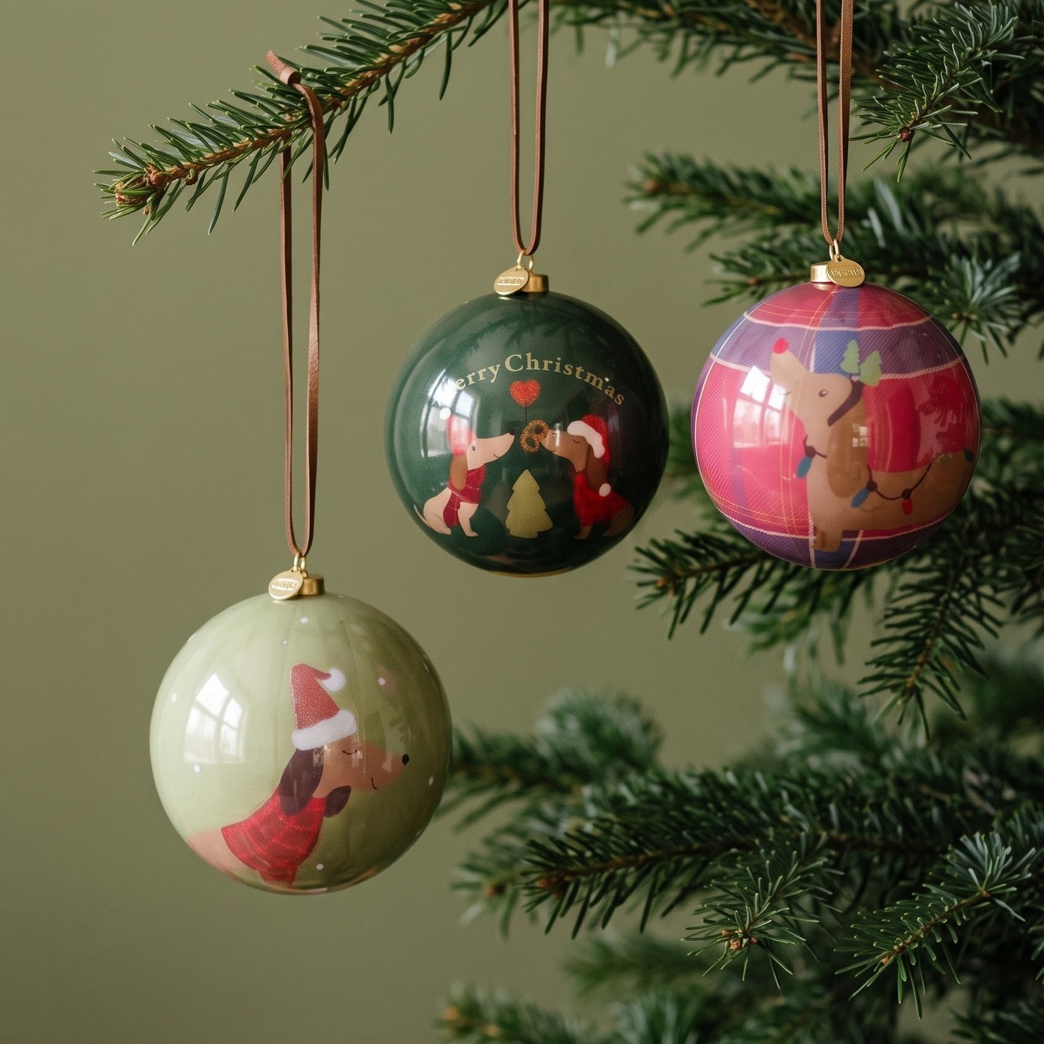 Drei Weihnachtskugeln mit Dackel-Motiven hängen an einem Tannenbaum vor grüner Wand