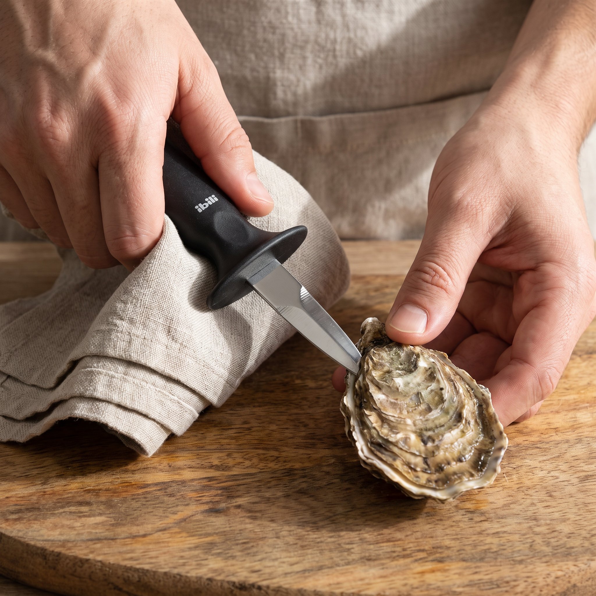 Opening an oyster with the guarded knife: the blade goes in at the hinge on a wooden board