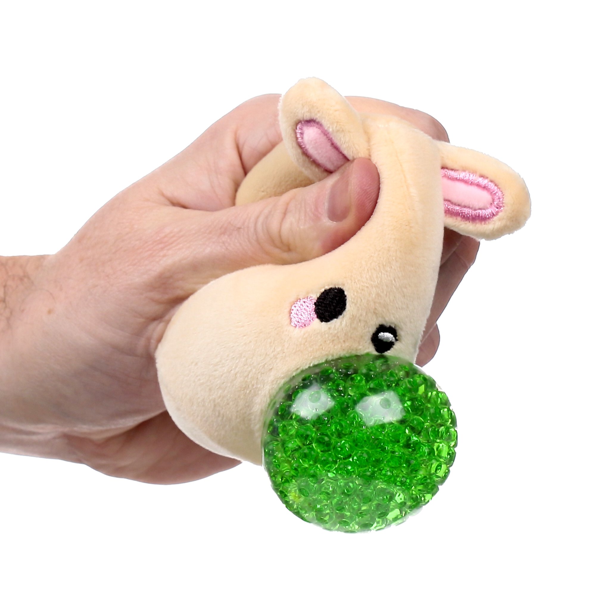 Osterhasen-Plueschstressball in der Hand, Gelkugel tritt hervor