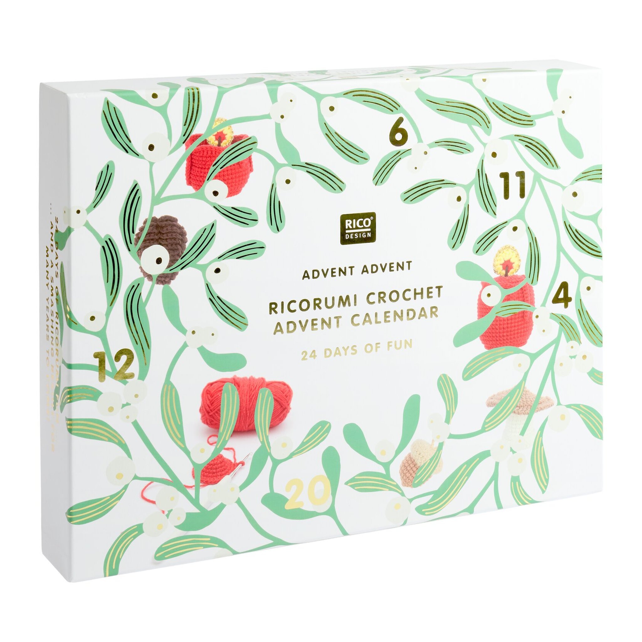 Ricorumi Häkel-Adventskalender Advent Advent: weisse Box mit grünem Mistelmotiv und goldenen Zahlen