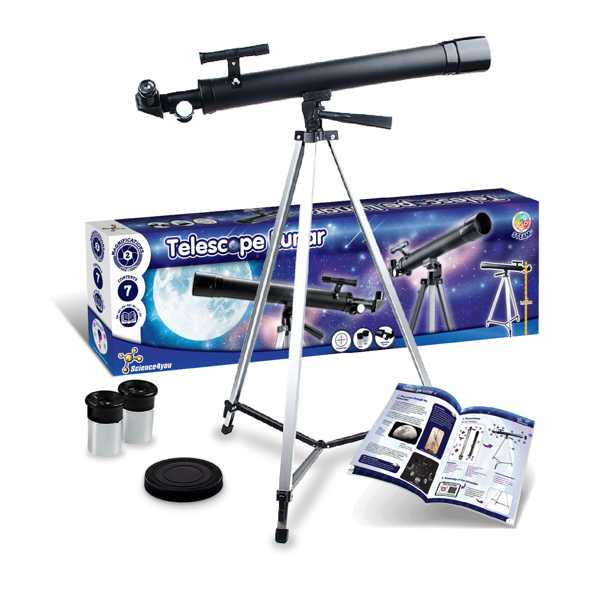 Telescopio lunare per bambini sul treppiede con due oculari, coperchio dell obiettivo, libretto didattico e confezione regalo