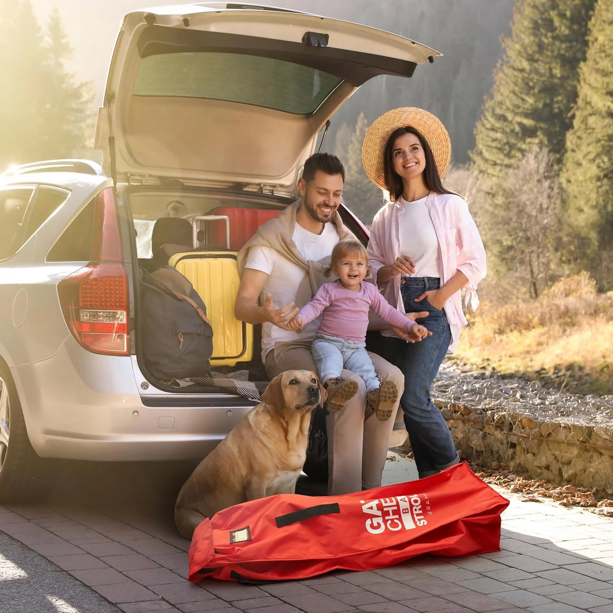 Familie mit Buggy Reisetasche am Auto Lifestyle