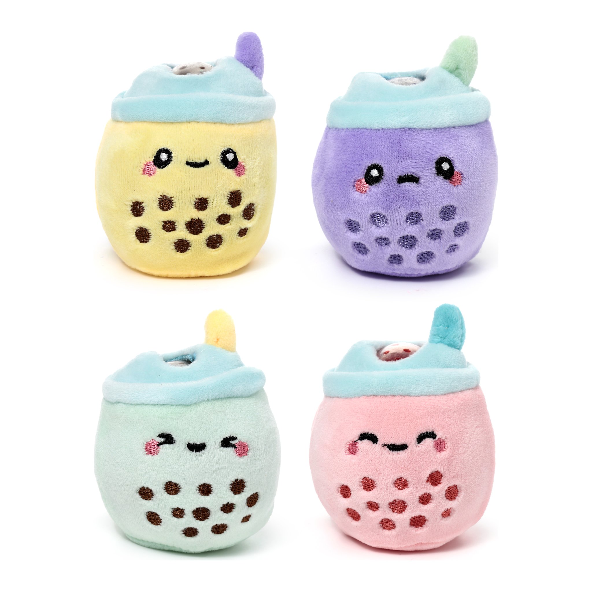 Alle vier Bubble-Tea-Stressbaelle in Gelb, Violett, Mint und Rosa