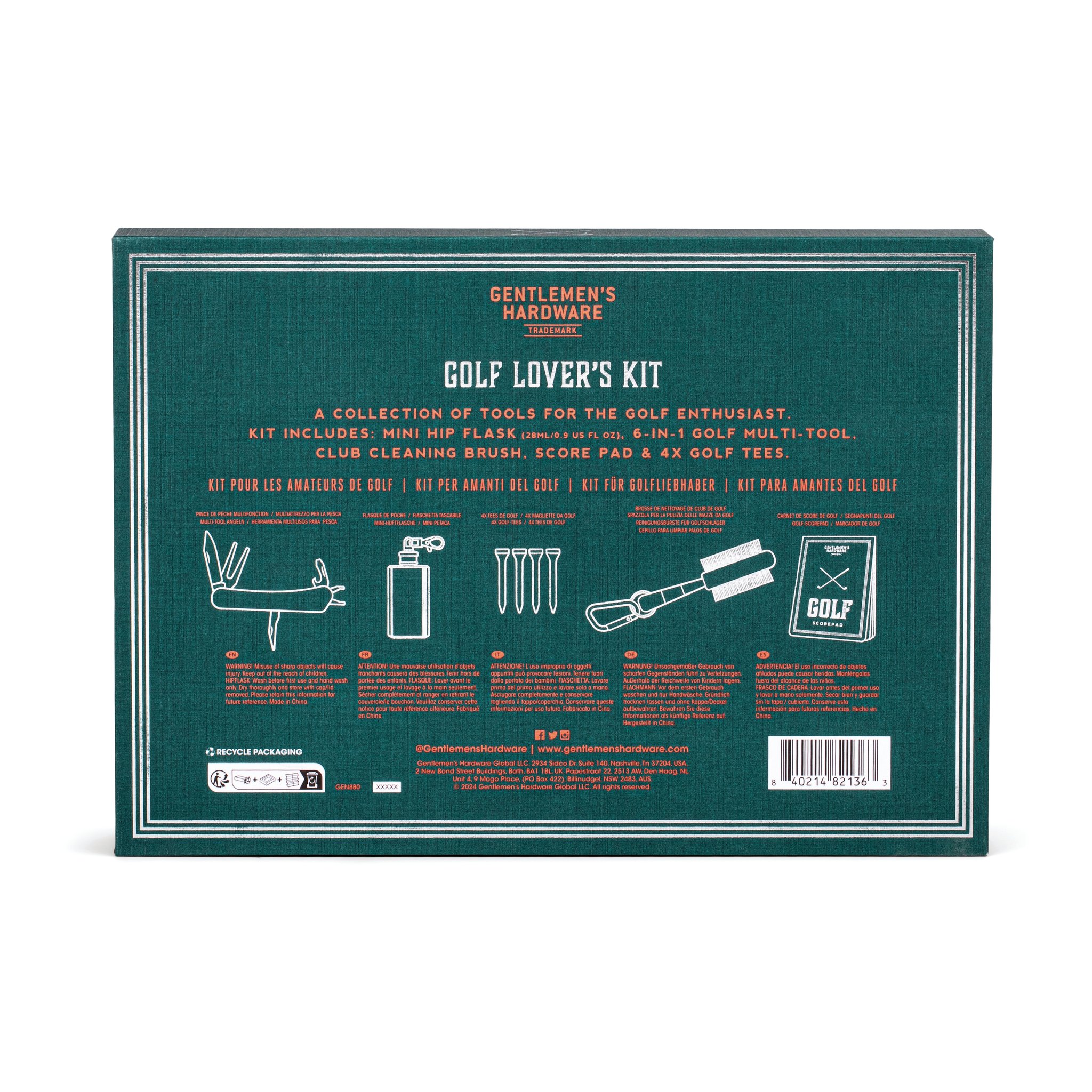 Rückseite der Verpackung des Golf Liebhaber Sets mit Produktliste, Symbolzeichnungen der Teile und Barcode
