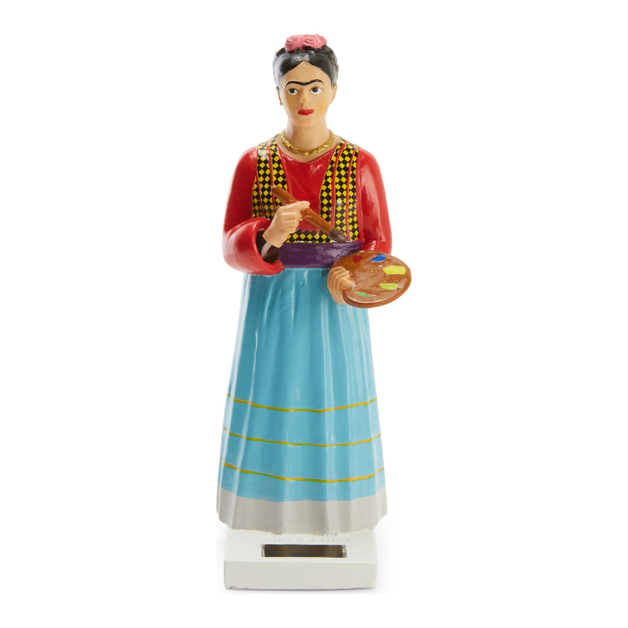 Figurine solaire Frida Kahlo en haut rouge et jupe bleu clair sur socle solaire