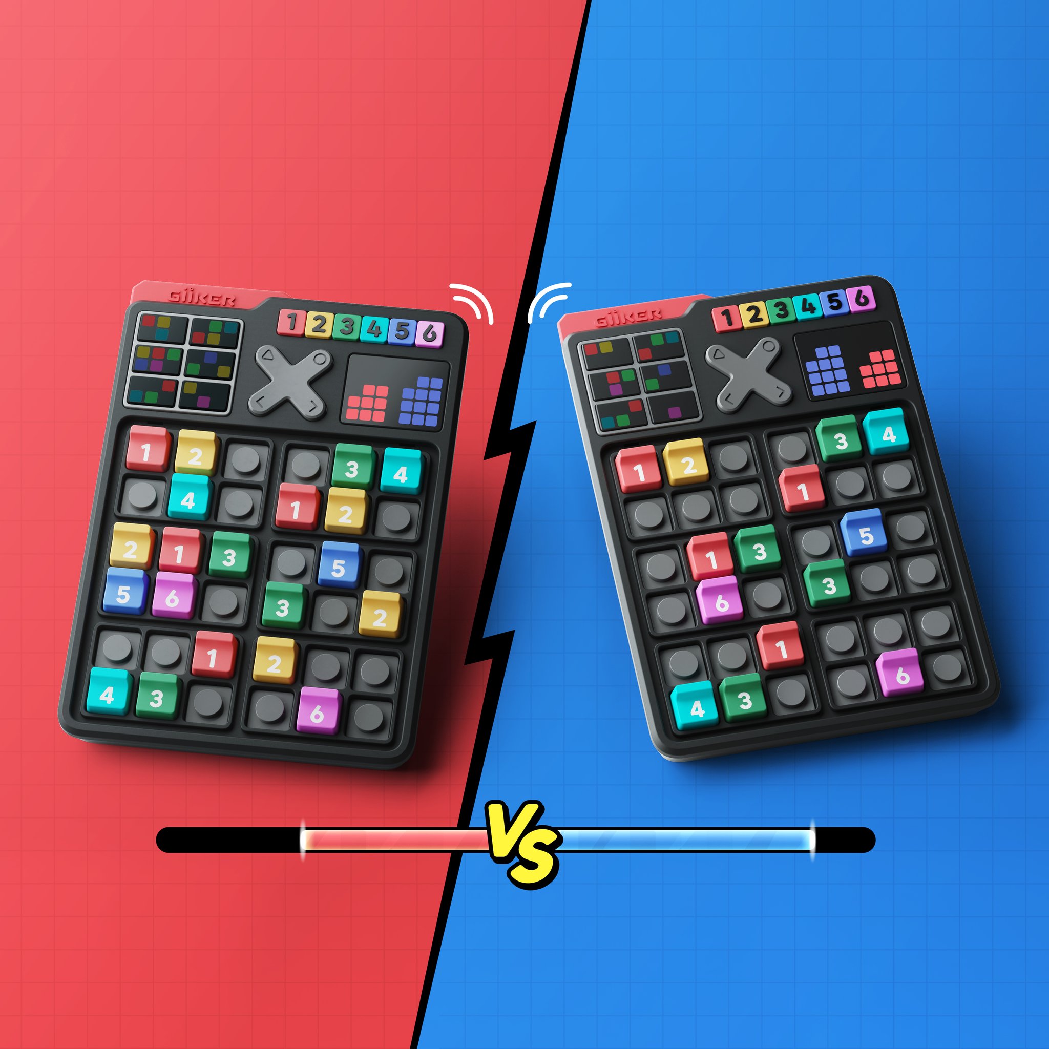 Deux consoles Smart Sudoku s'affrontent en duel sur fond rouge et bleu avec barre de progression.