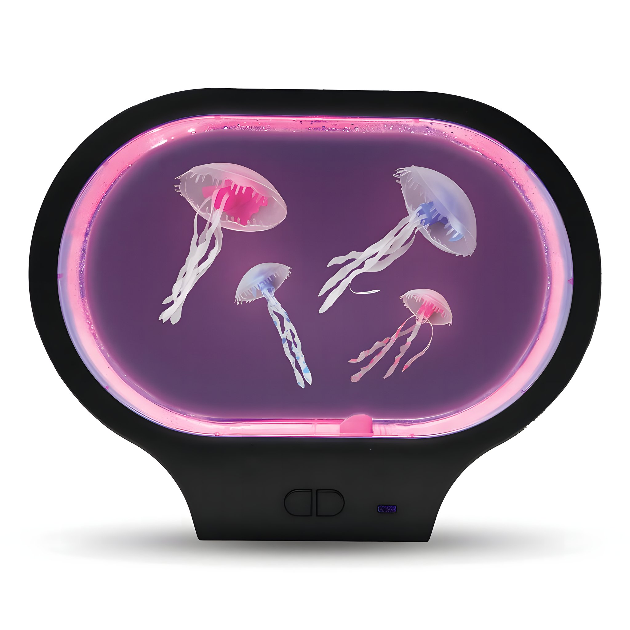 Lampada medusa ovale con luce rosa e quattro meduse fluttuanti nella vasca