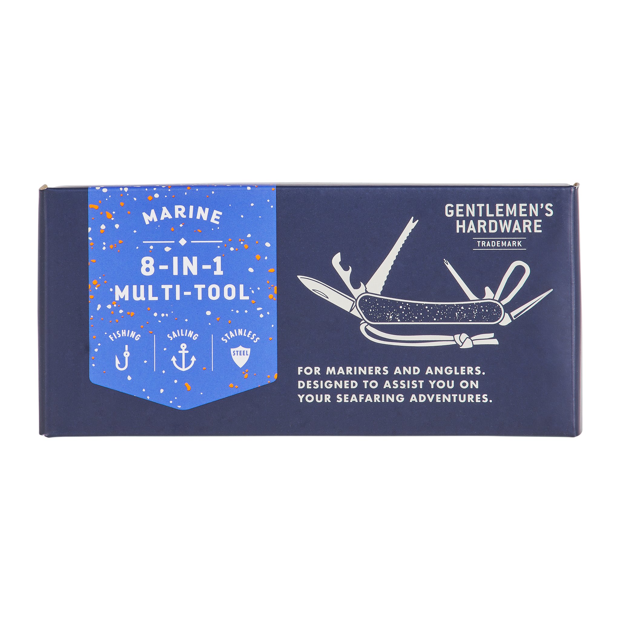 Frontseite der marineblauen Schachtel des Marine Multitools mit blauem Etikett «8-in-1 Multi-Tool»