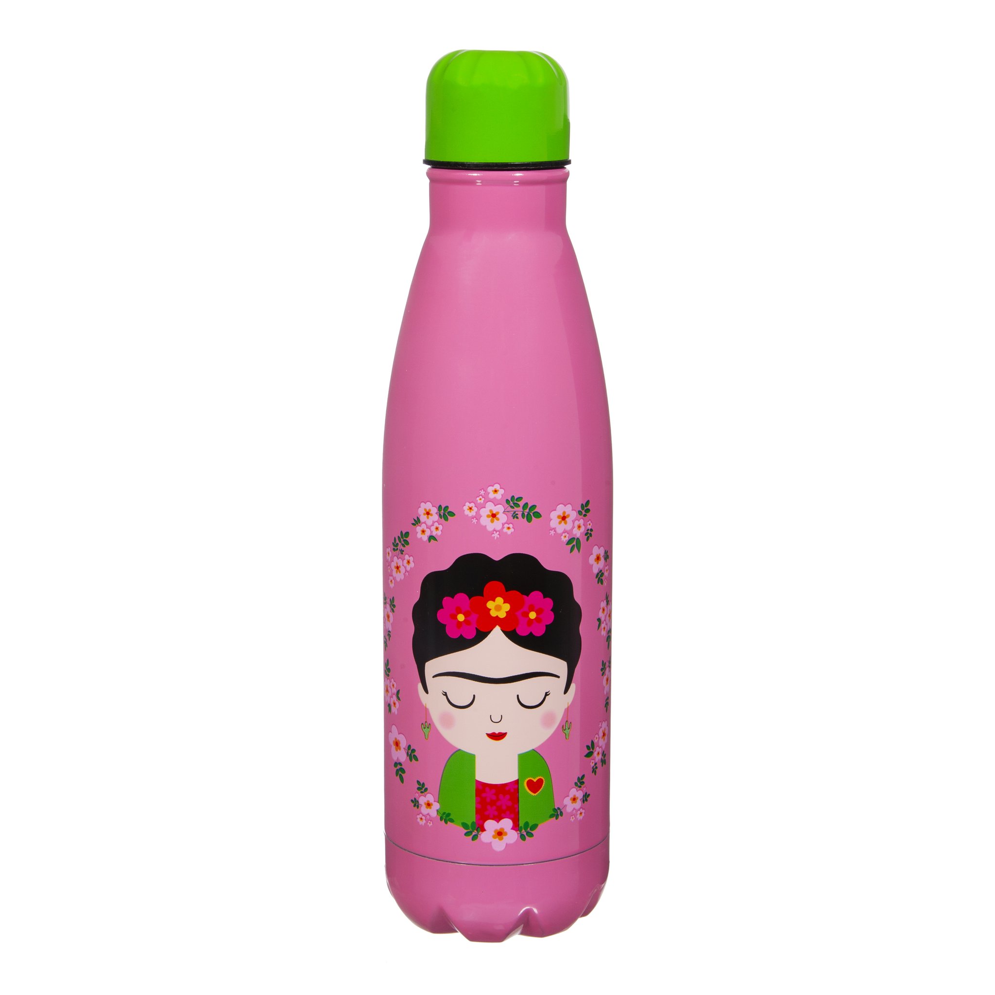 Gourde Frida détourée, rose avec motif Frida et bouchon vert