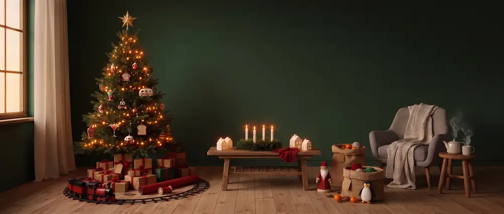 Salon de Noël avec sapin décoré, petit train, cadeaux, couronne de l'Avent, figurine de Saint-Nicolas, panier de laine et fauteuil