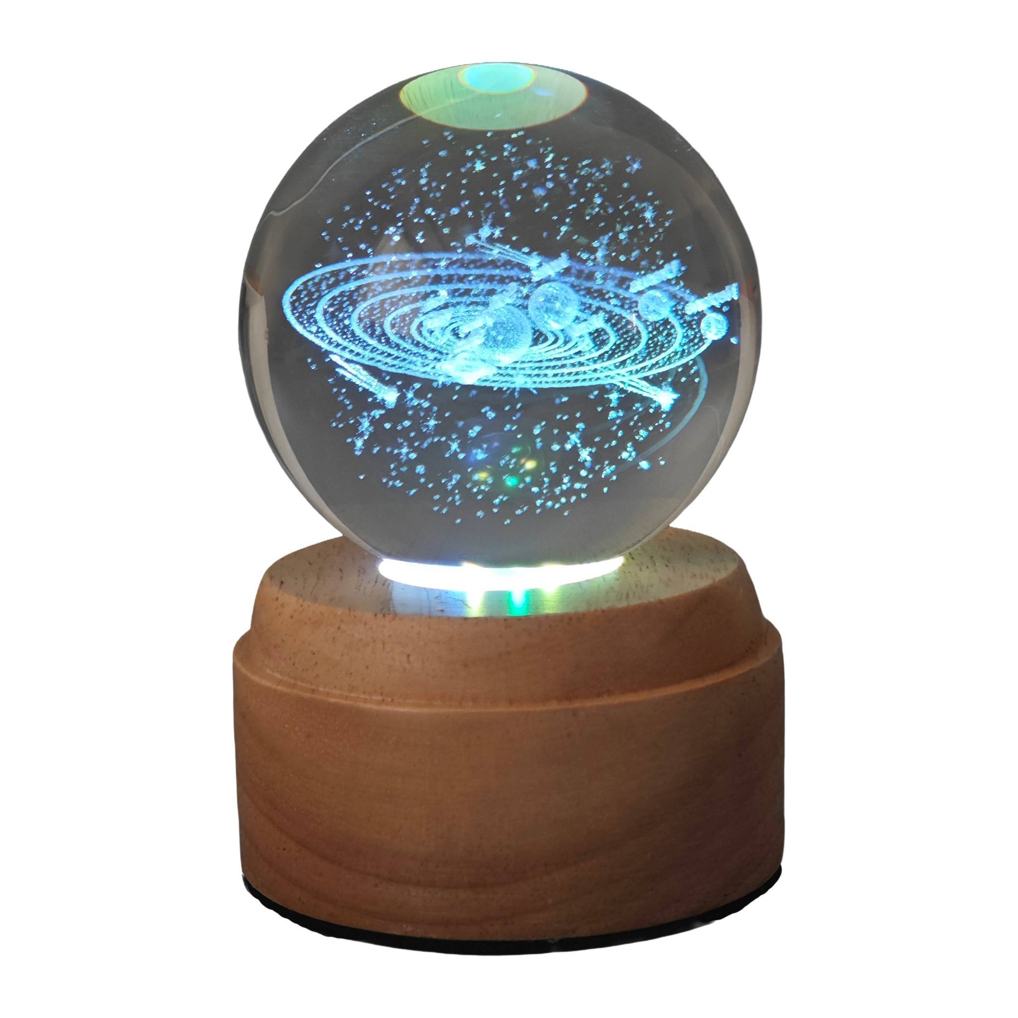 3D crystal ball with laser-engraved solar system, glowing on its round wooden base