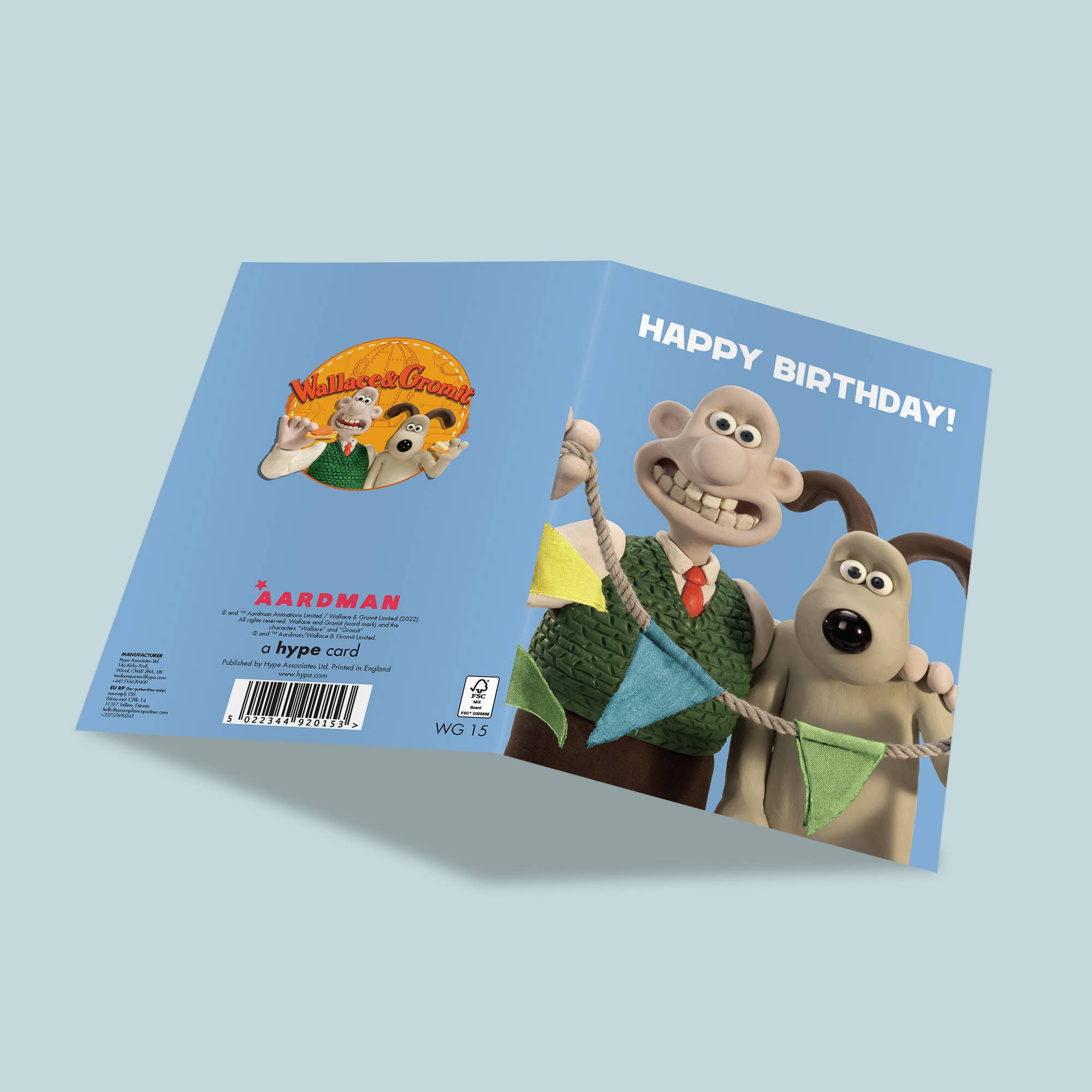 Geburtstagskarte Wallace & Gromit mit Wimpelkette – aufgeklappt