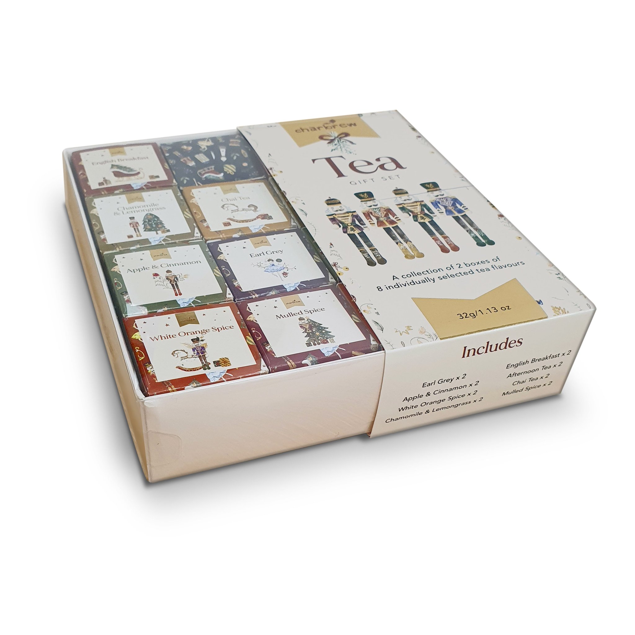 Closed Nutcracker tea gift box with sleeve, seen at an angle