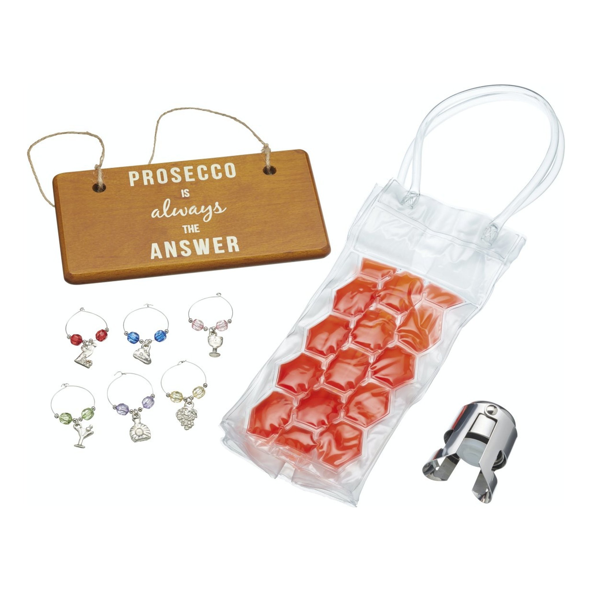 BarCraft Prosecco Geschenkset Inhalt: Glasmarkierer, Kühltasche, Schild und Verschluss