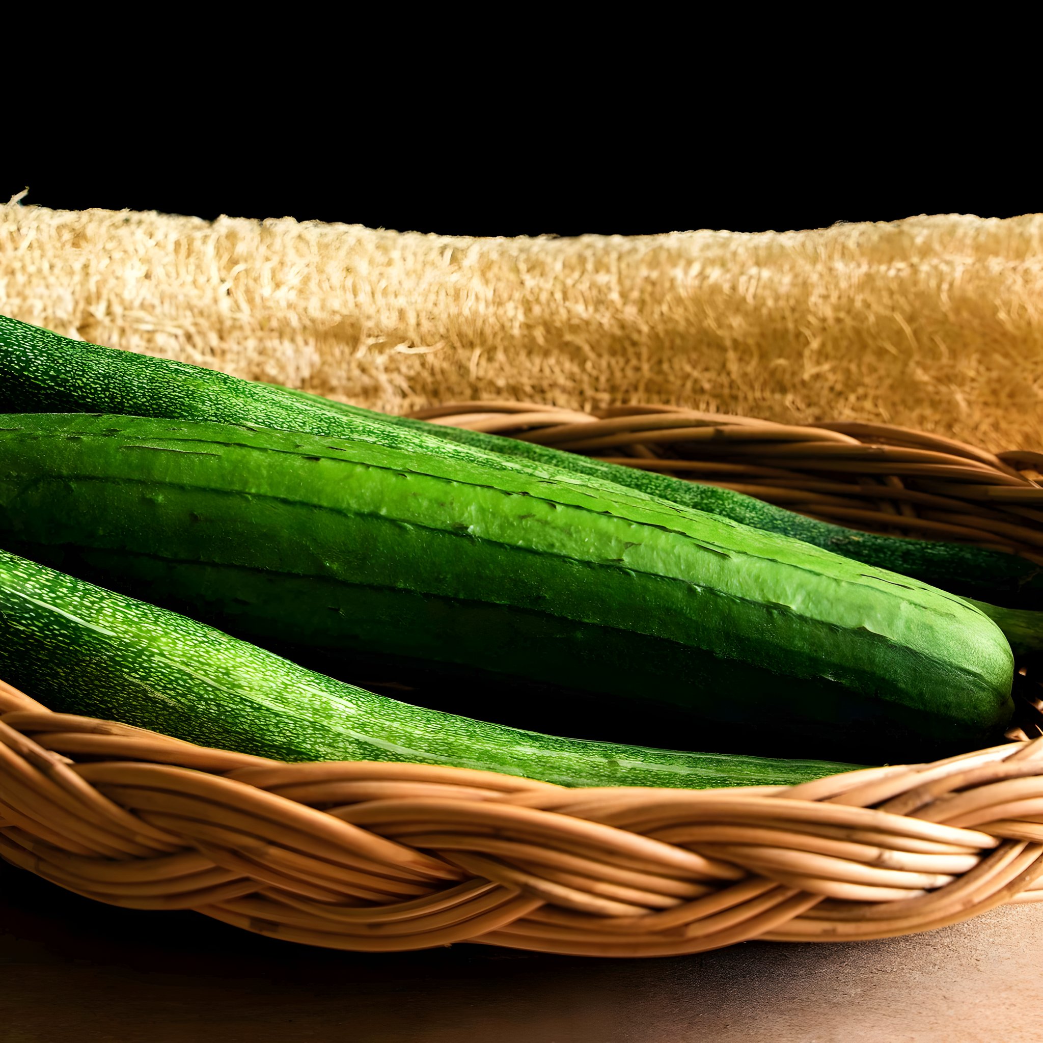 Junge Luffa-Gurken im Korb vor einem getrockneten Luffa-Schwamm