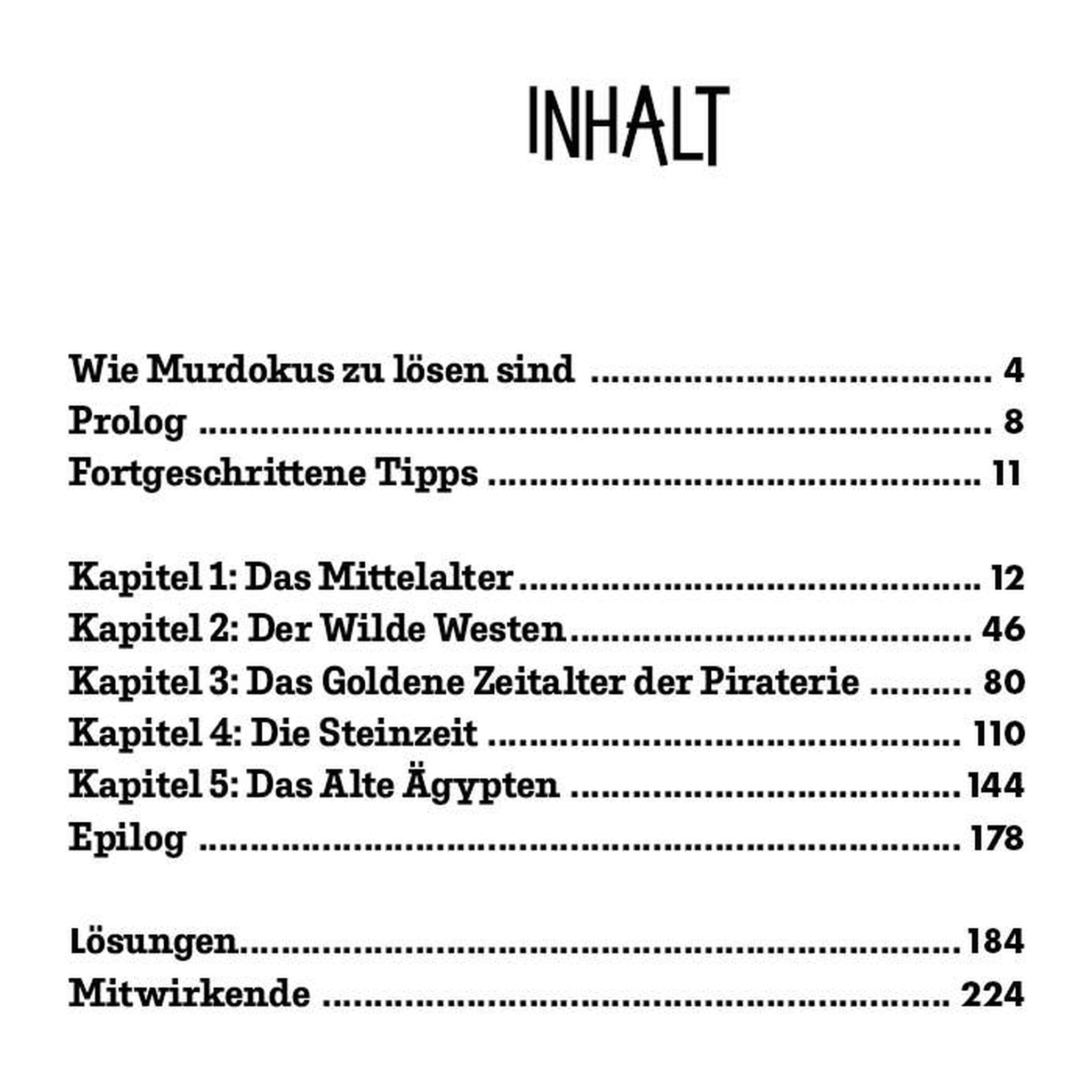 Table of contents of Murdoku 2 listing the Middle Ages, Wild West, piracy, Stone Age and Ancient Egypt chapters