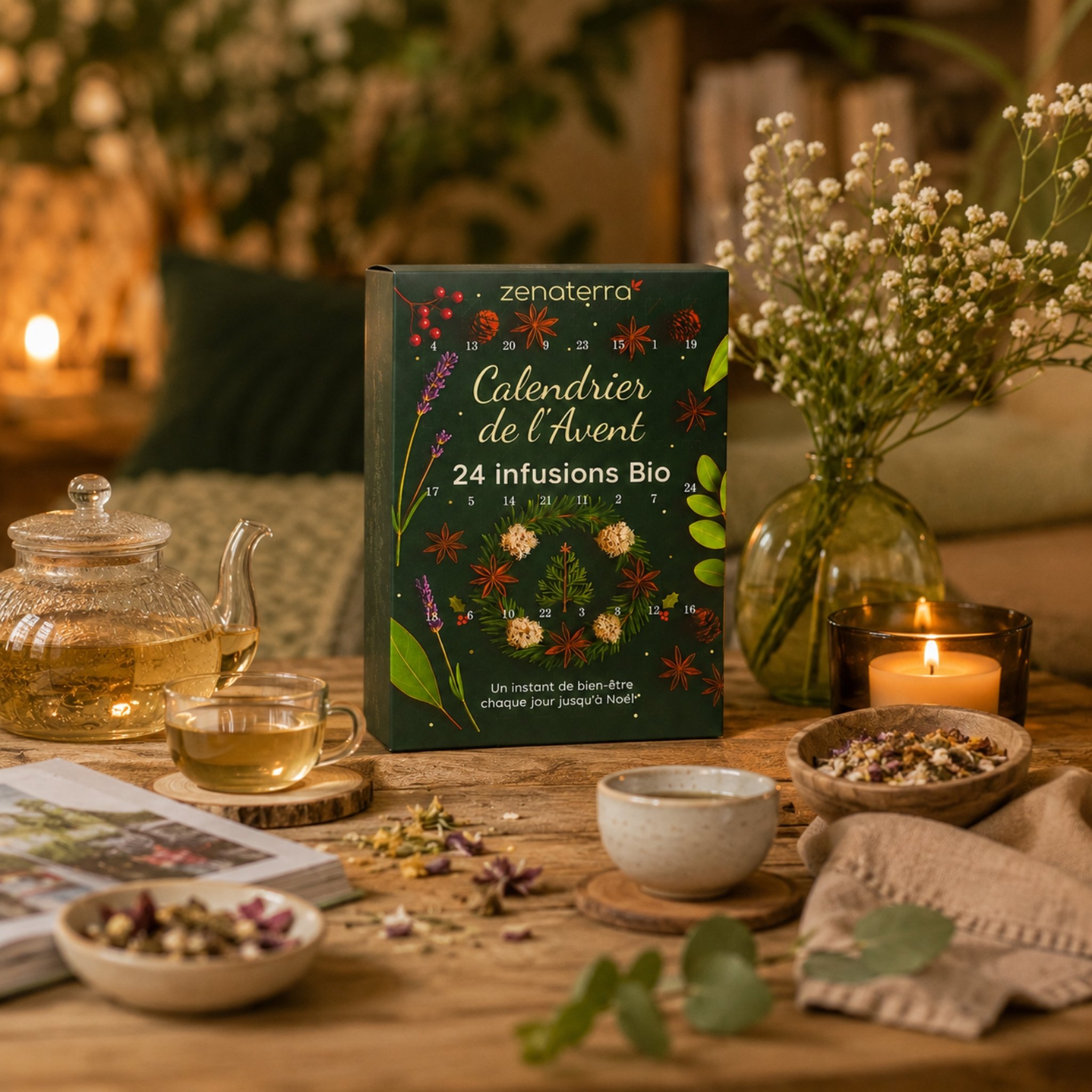 Calendrier de l'Avent de tisanes sur table en bois avec tasse et bougie