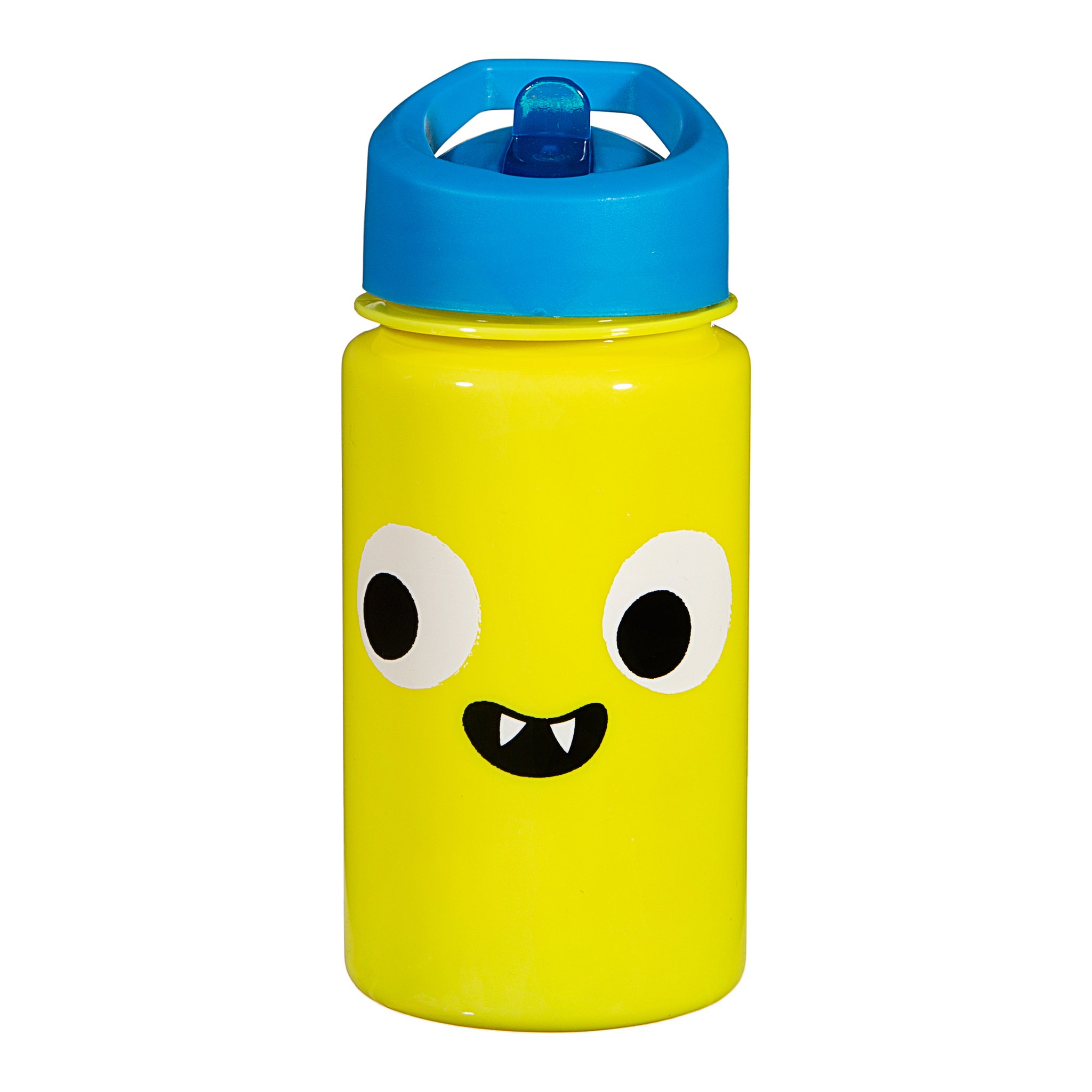 Borraccia mostro Sass & Belle scontornata, bottiglia gialla con faccia di mostro e tappo blu