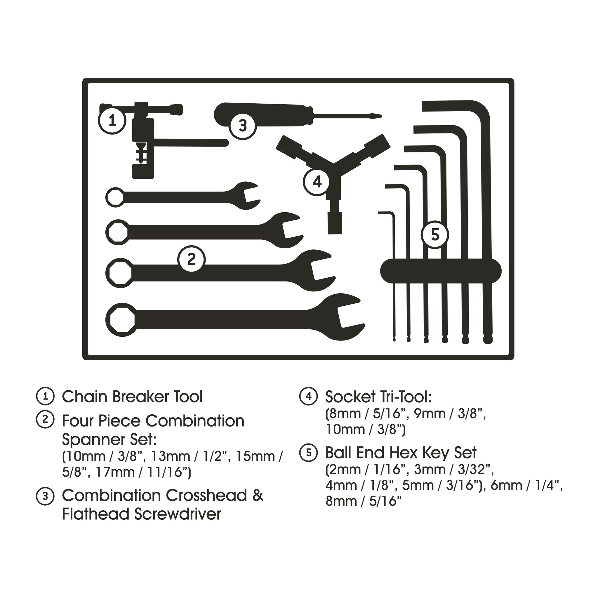 Black diagram of the tool layout with numbered pieces and a key listing the contents of the bicycle tool kit