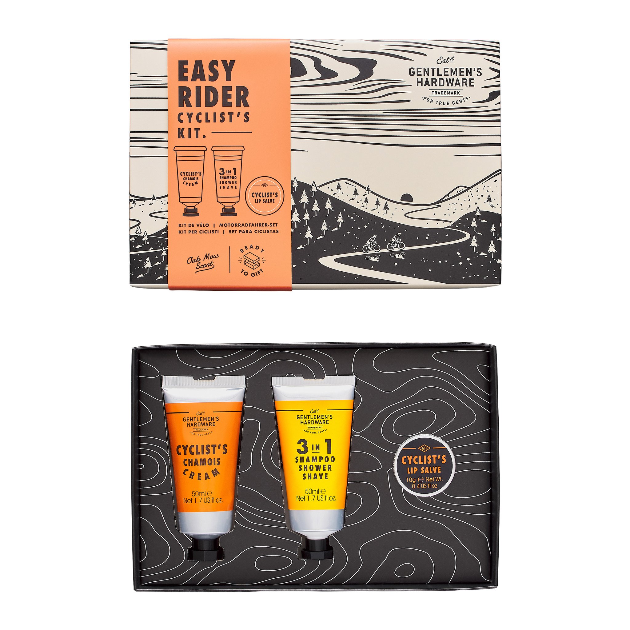 Easy Rider Geschenkset: geschlossene Schachtel oben, darunter geöffnet mit zwei Tuben und einer Lippenpflege-Dose