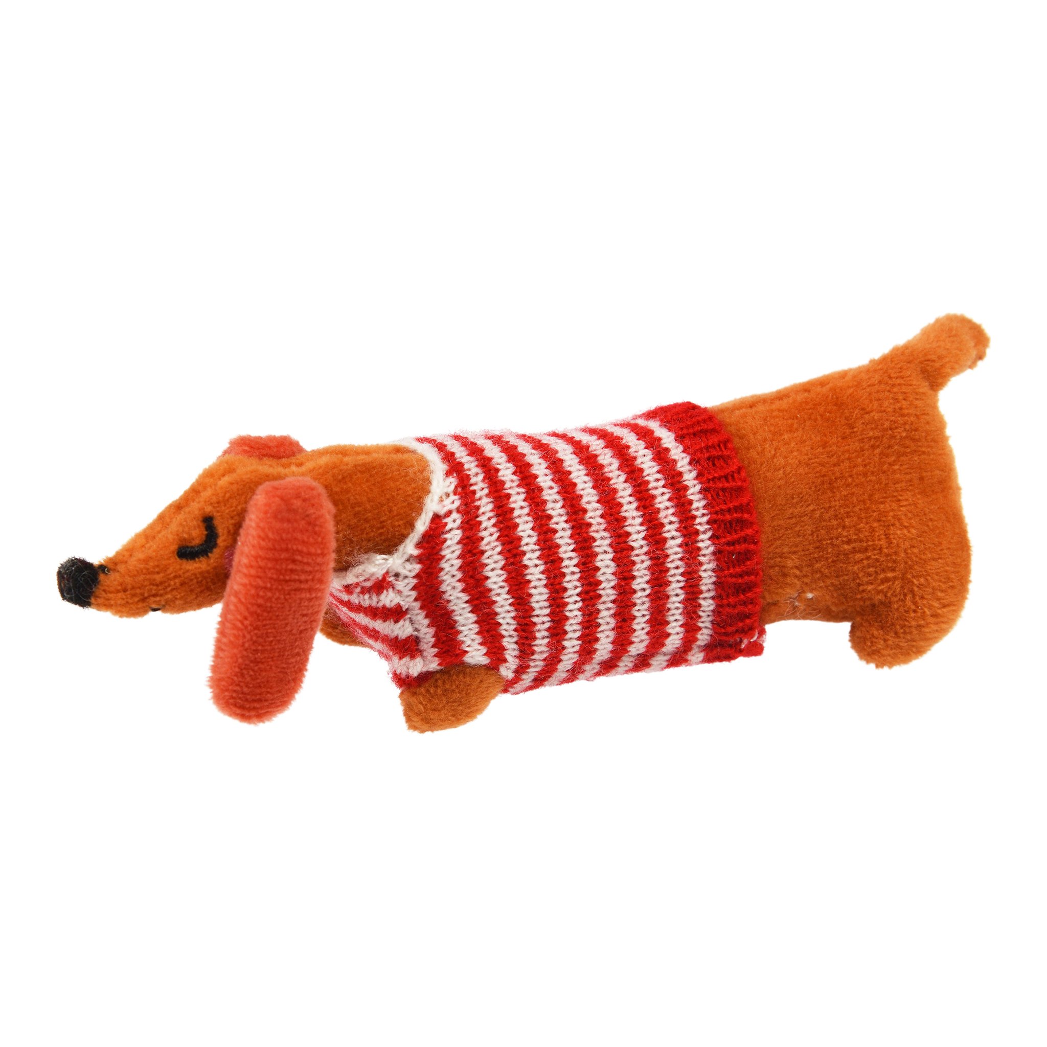 Mini-Dackel Plüschtier von der Seite mit rot-weiss geringeltem Pulli