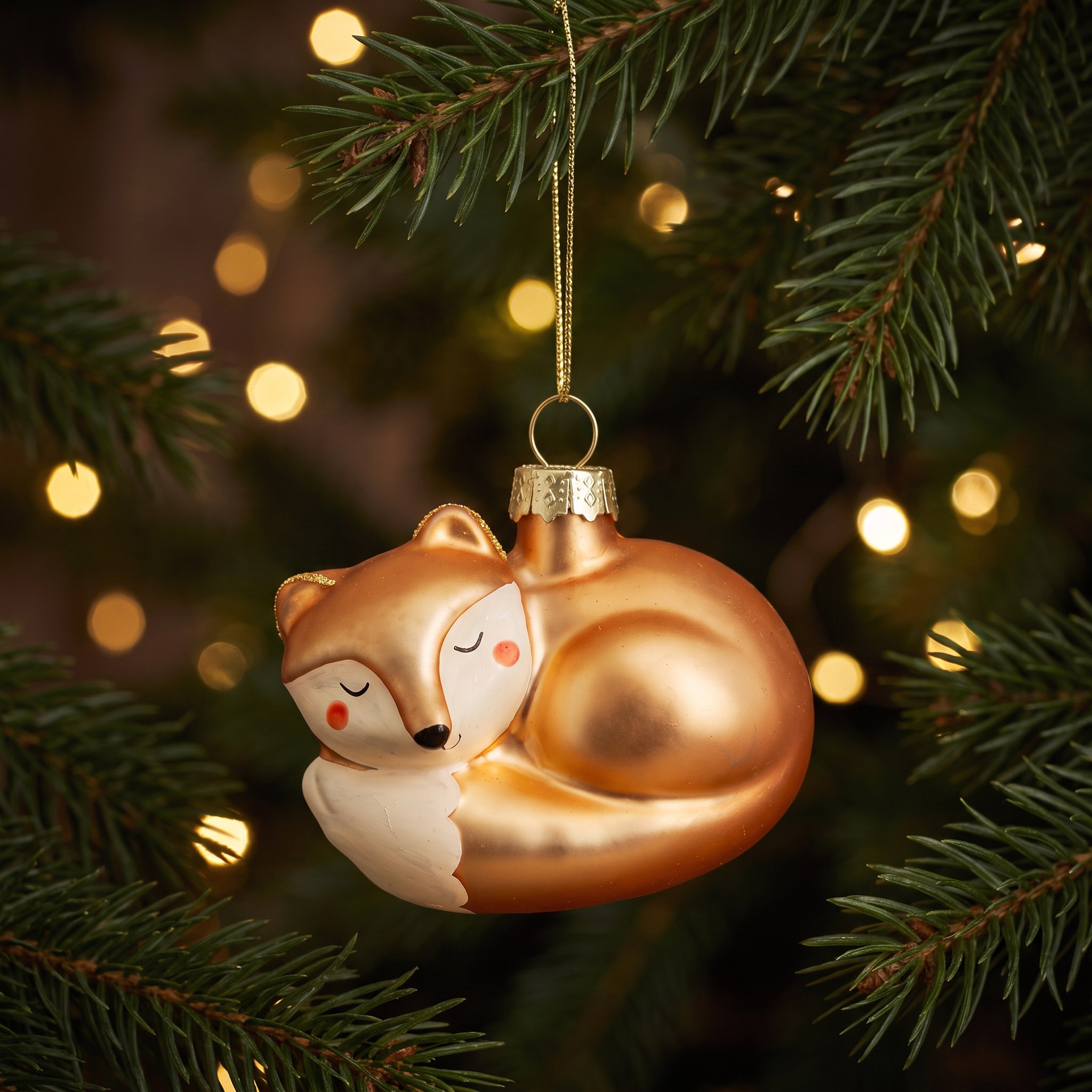Fuchs Weihnachtsbaumschmuck von Sass & Belle im Weihnachtsbaum in warmem Licht