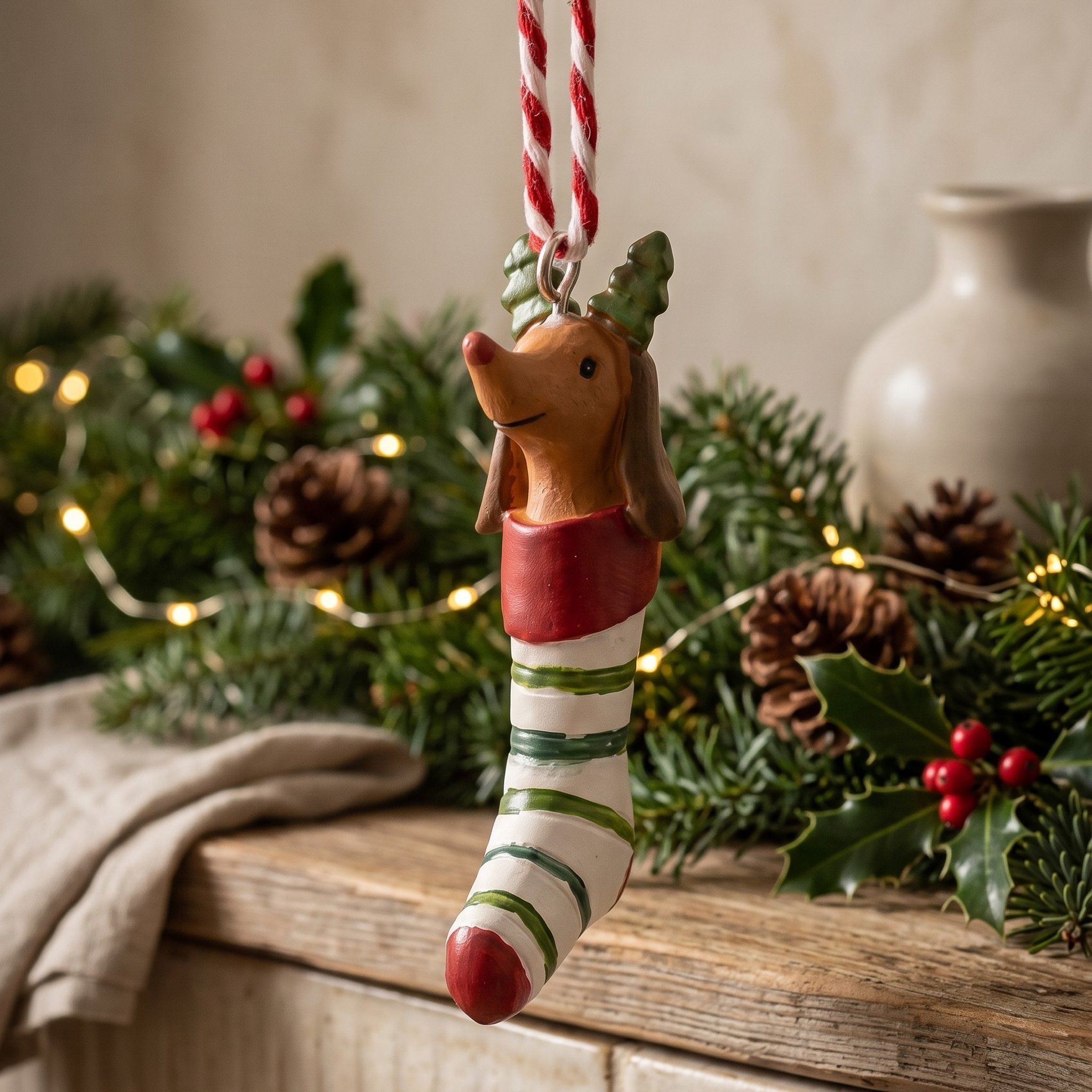 Hund im Weihnachtsstrumpf zum Aufhängen vor Tannengrün mit Lichterkette und Beeren