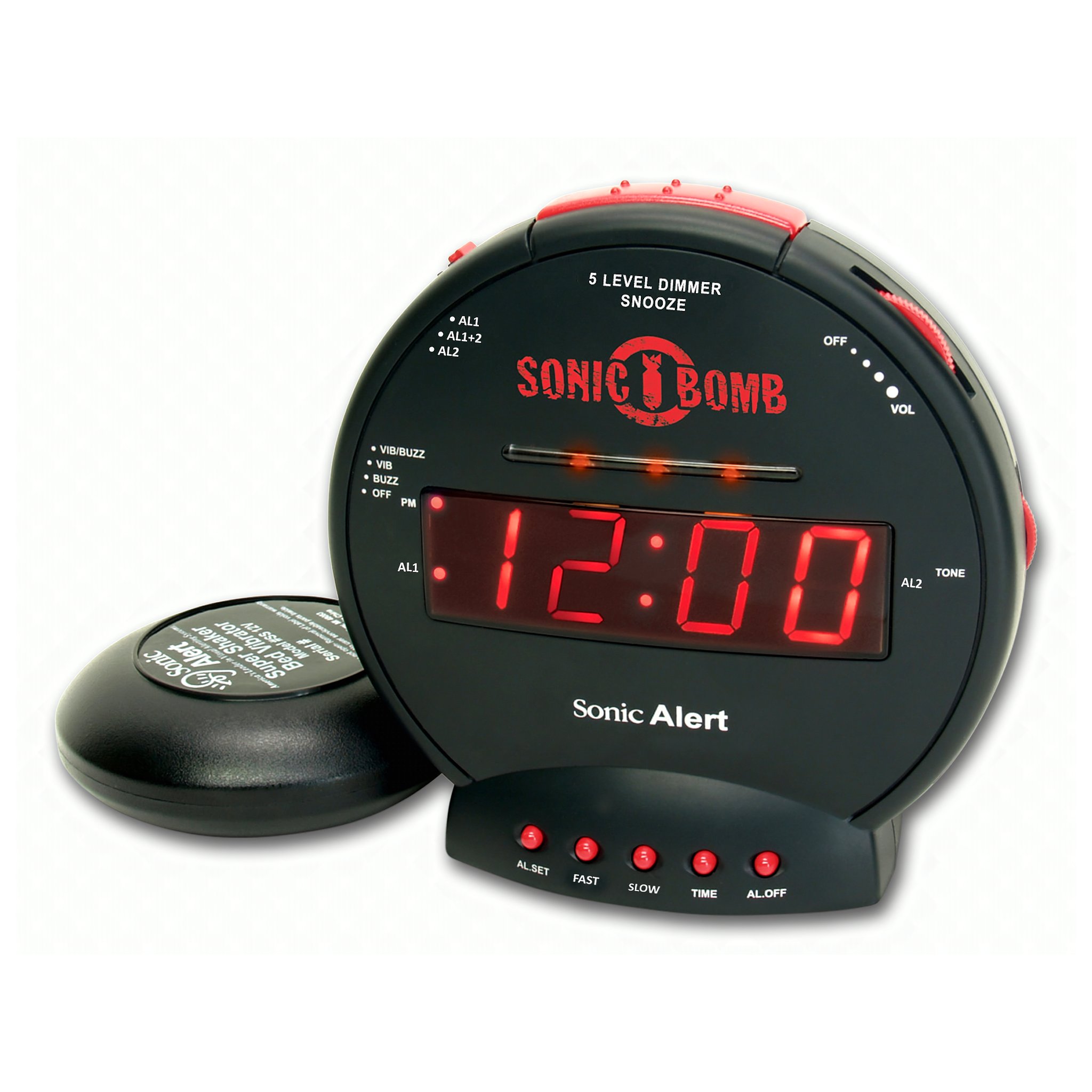 Sonic Bomb alarm clock with bed shaker — front view